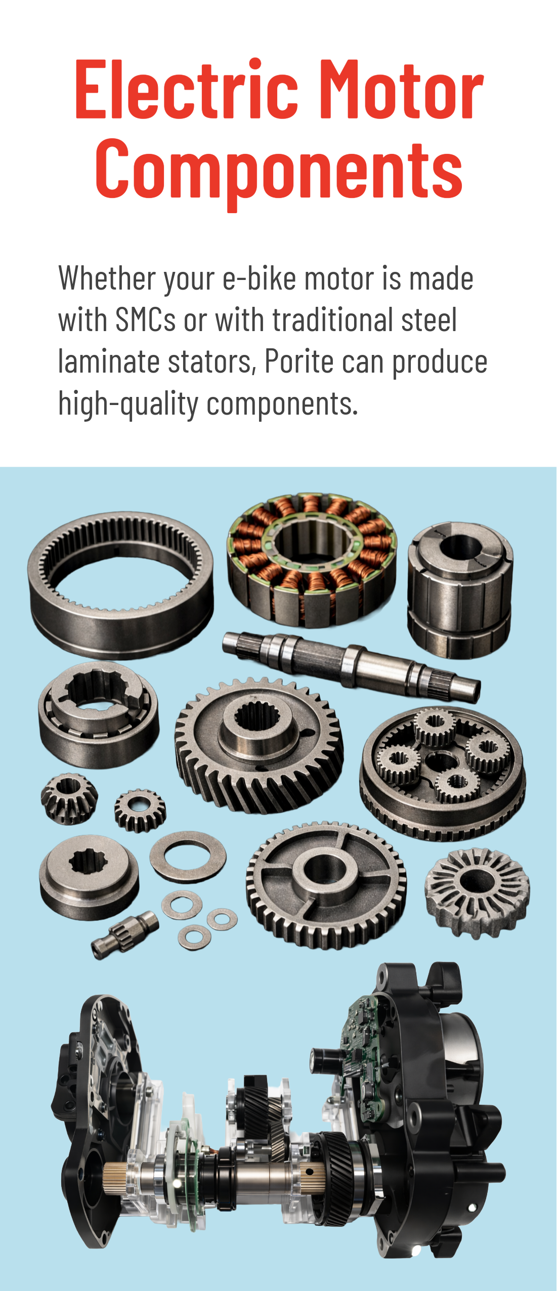 A collection of metal gears, shafts, and other mechanical components used in electric motors, with a partially disassembled electric motor at the bottom.