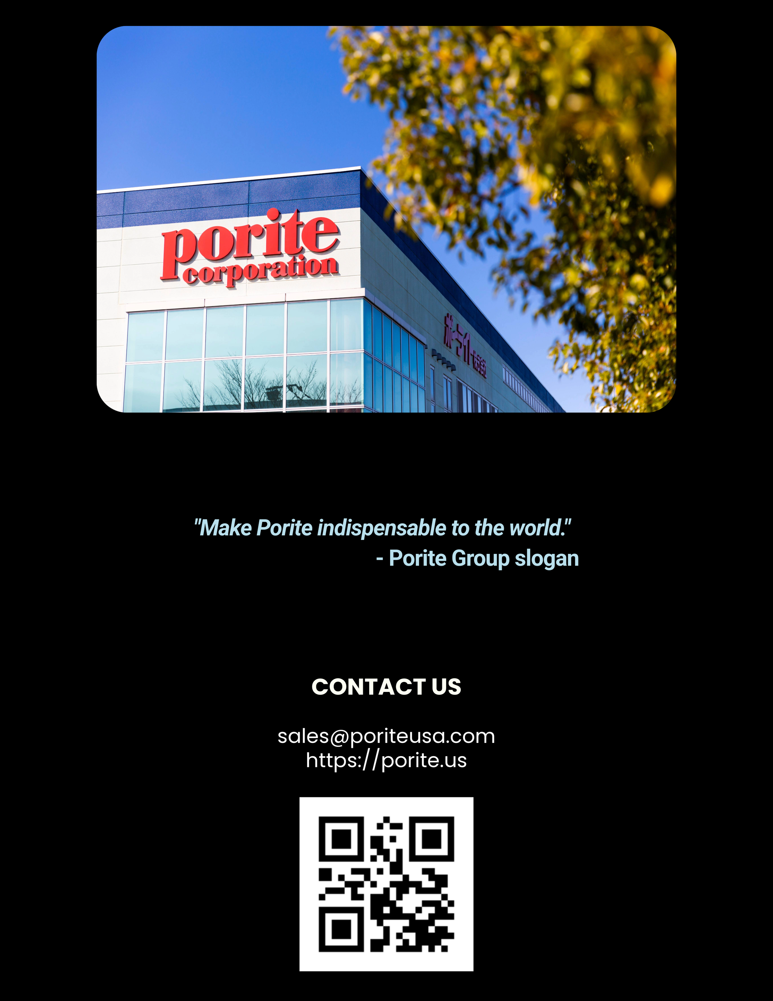 Image of a building with the logo 'porite corporation' on it, blue sky, and some trees.