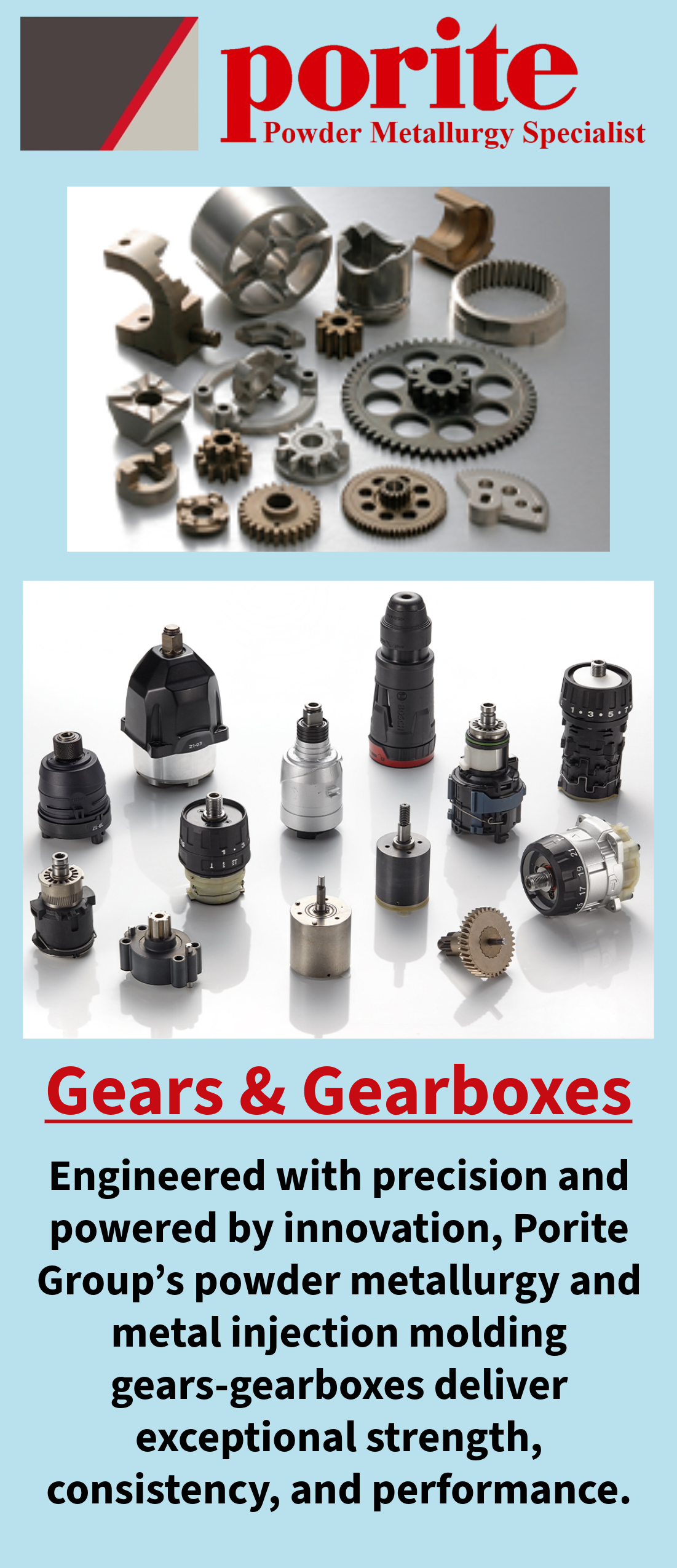 A promotional graphic for Porite Powder Metallurgy Specialist featuring images of gears, gearboxes, and precision mechanical parts, with descriptive text about their manufacturing process and performance qualities.