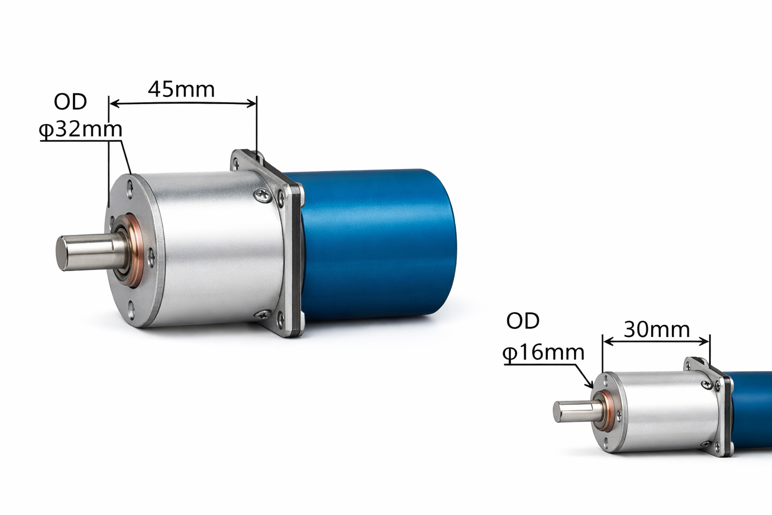 Two small electric motors with dimensions labeled. The larger motor has a 45mm length and 32mm diameter, while the smaller motor has a 30mm length and 16mm diameter.
