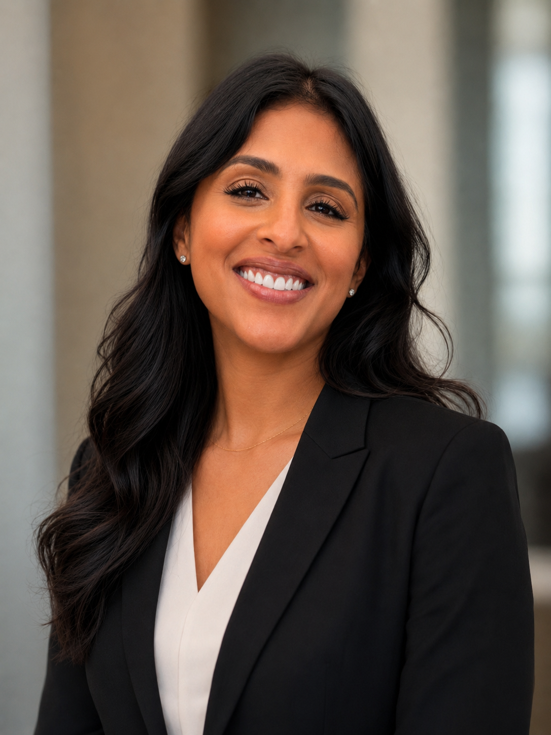 A woman with long dark hair, wearing a black blazer and white blouse, smiling in a professional setting.