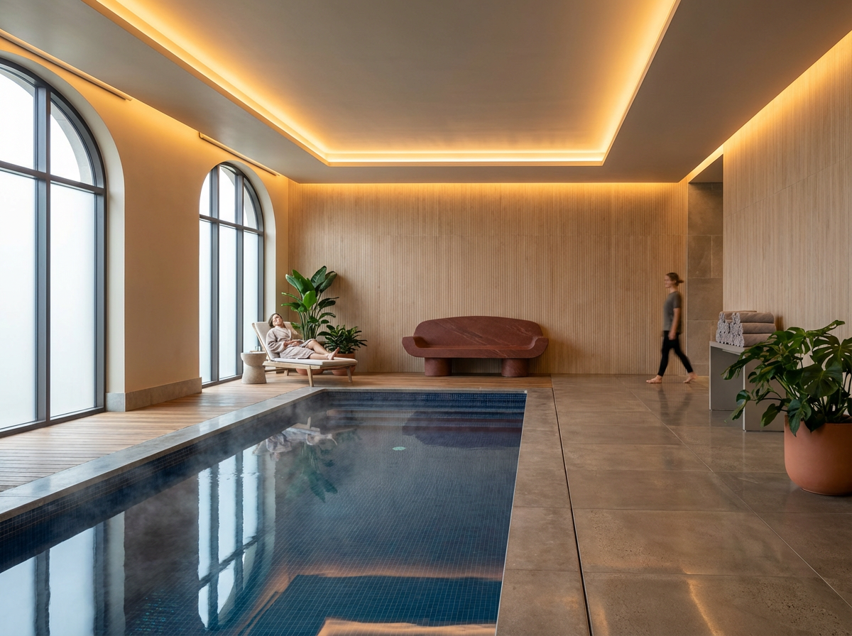 Interior de una sala de wellness con piscina cubierta, luminaria led en el techo, paredes de madera y grandes ventanas translucidas, con plantas decorativas y una persona descansando en una silla reclinable.