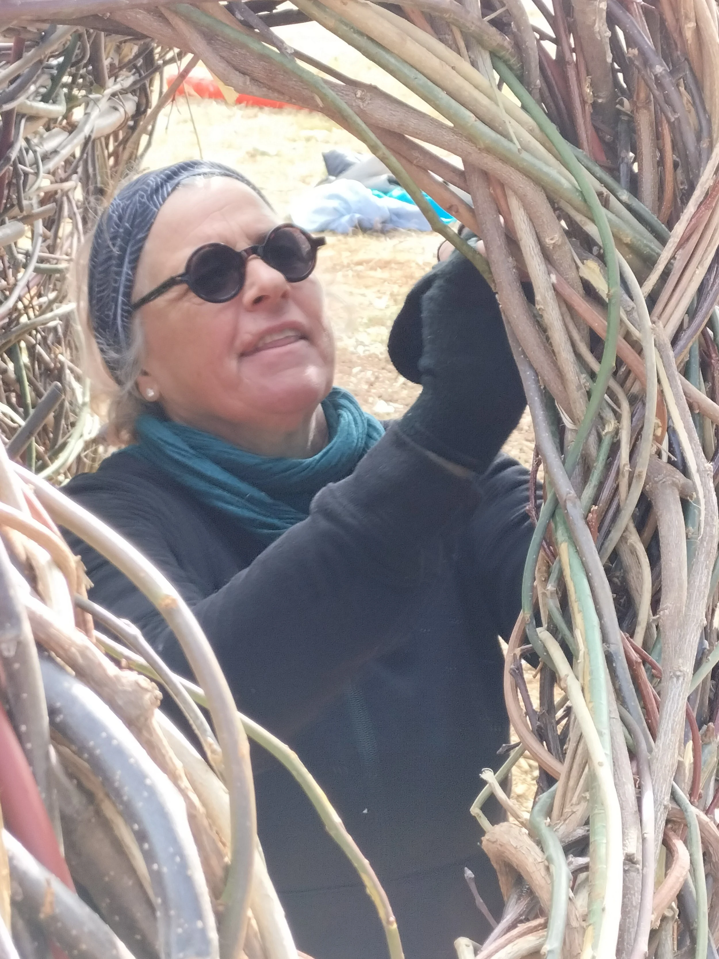A woman wearing sunglasses, a headscarf, and gloves is peeking out between intertwined branches of a tree or shrub, working on a large fibre sculpture.