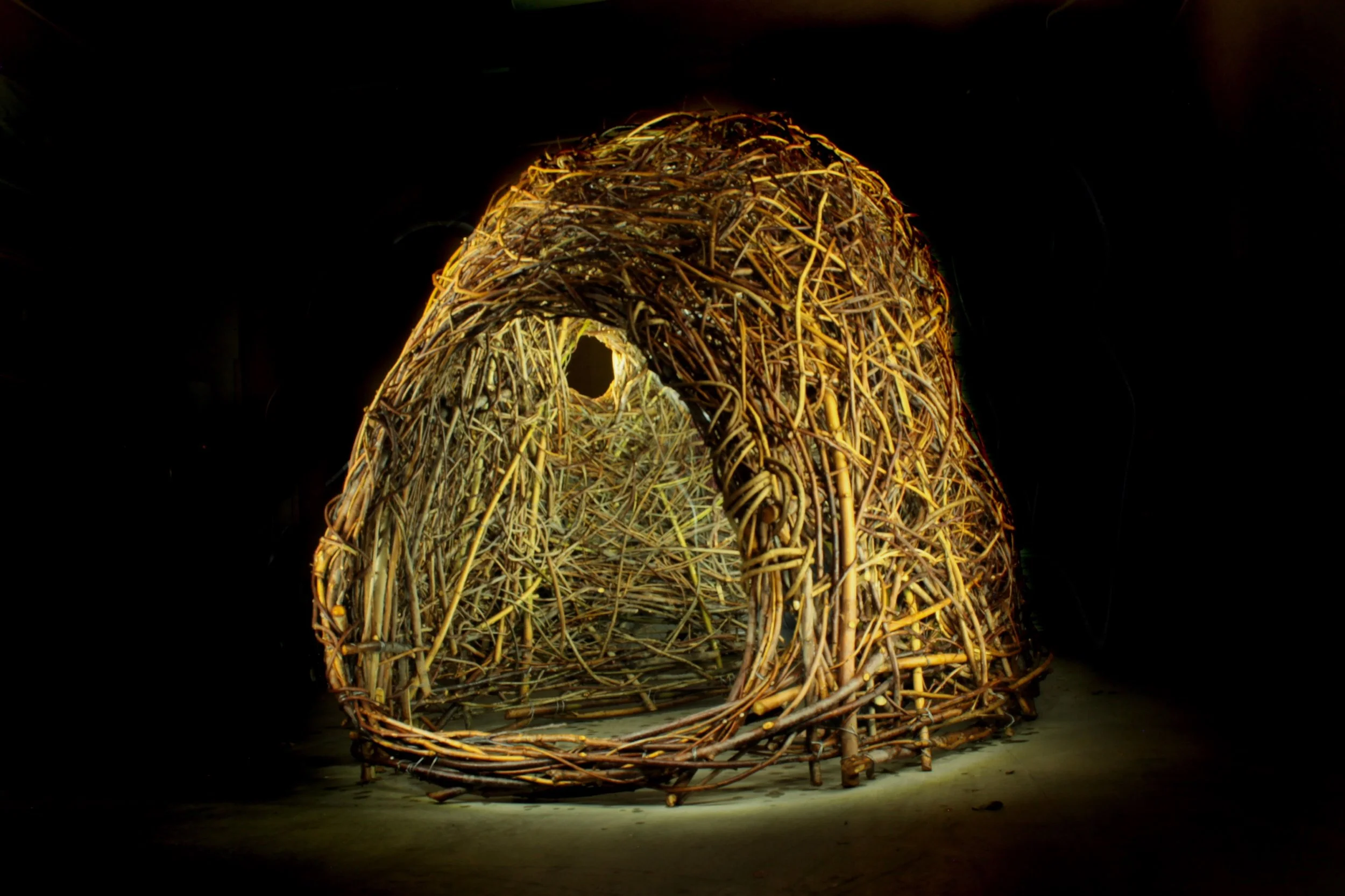 A sculpture of Jesus Christ made from intertwined twigs and branches, with a glowing halo around his head, set against a dark background.