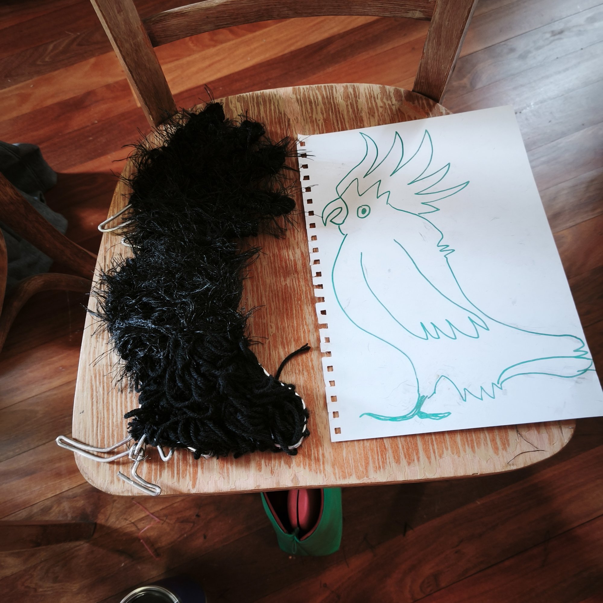 A wooden chair with a sketch of a black cockatoo drawn on a piece of paper, the black fluffy bird sculpture next to it, and a pair of green slippers underneath the chair on a hardwood floor.