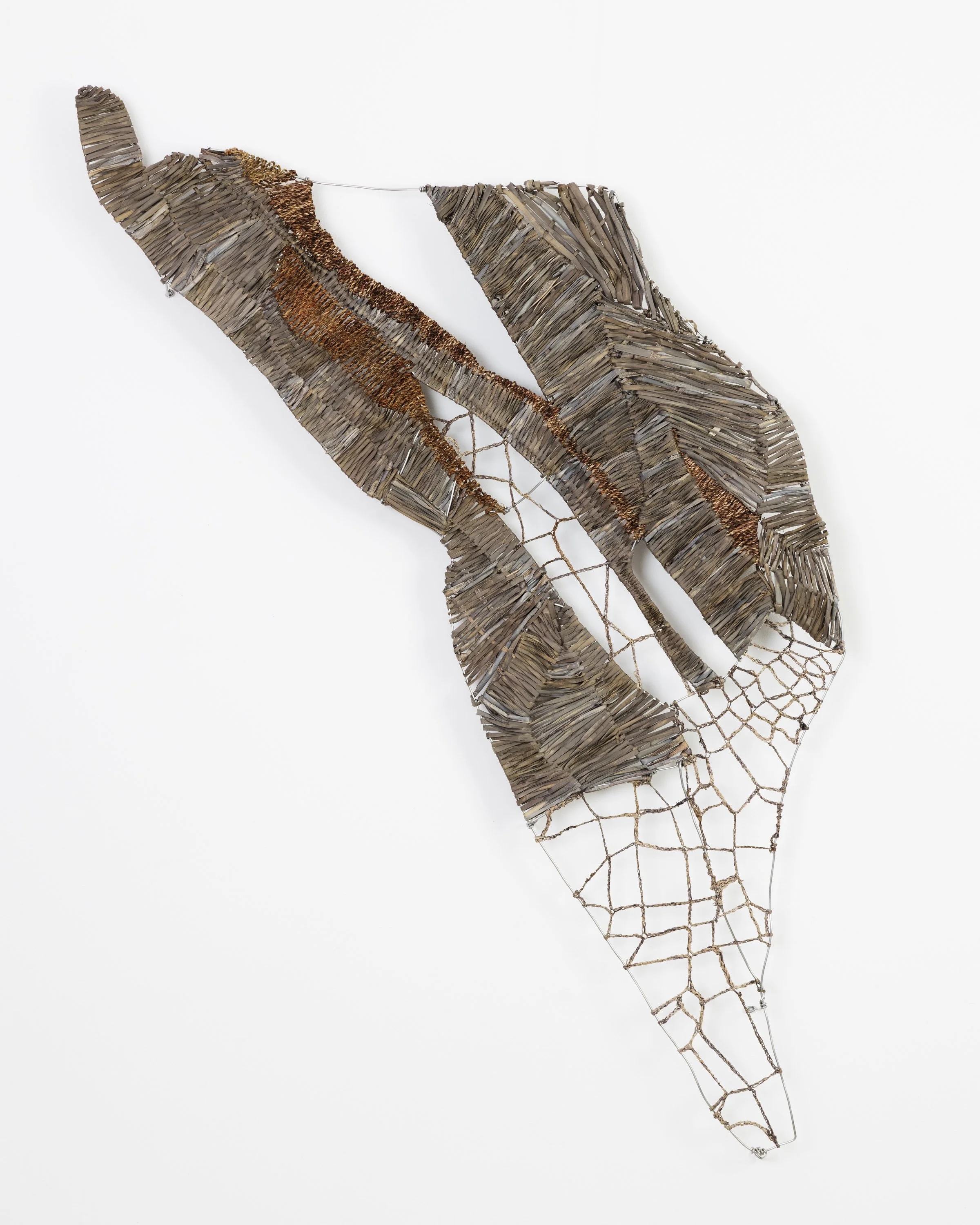 Art sculpture of two elongated, curved shapes made of small, overlapping wooden pieces against a white background. The shapes are connected by delicate, wire-like structures, with one shape featuring a section of copper-colored beads or wire.