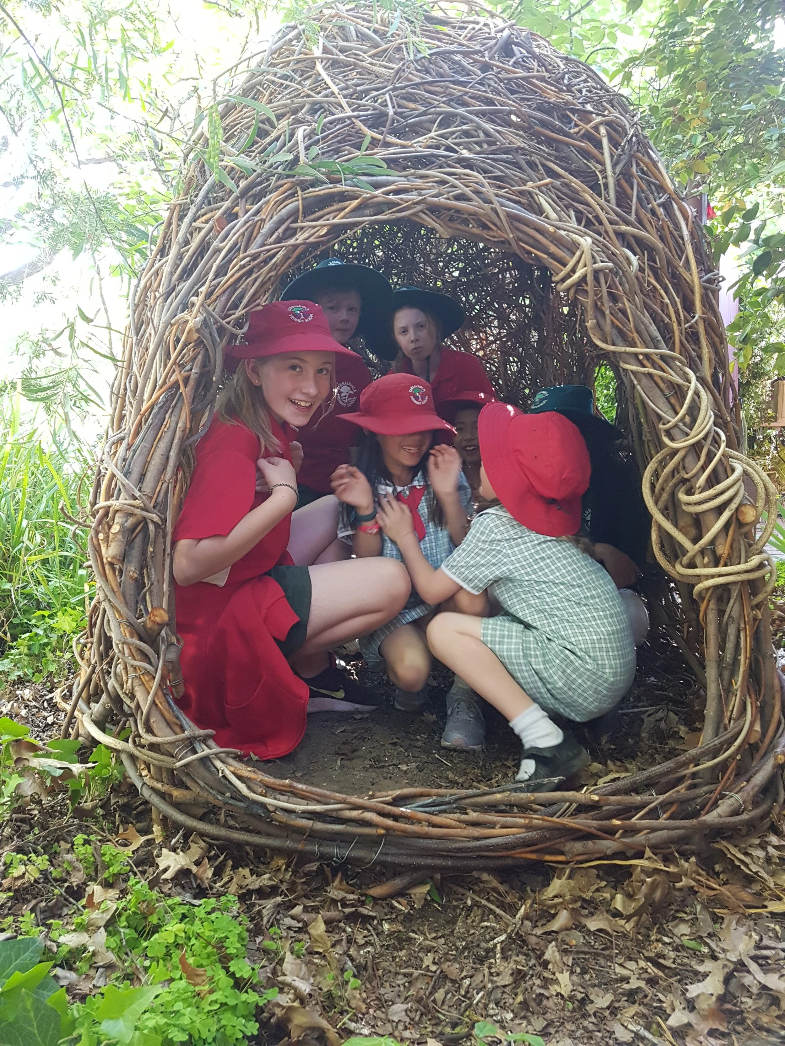 A group of children, wearing red and green hats and scool uniforms, are sitting inside a large, nest-like structure made of intertwined branches and twigs surrounded by green foliage.