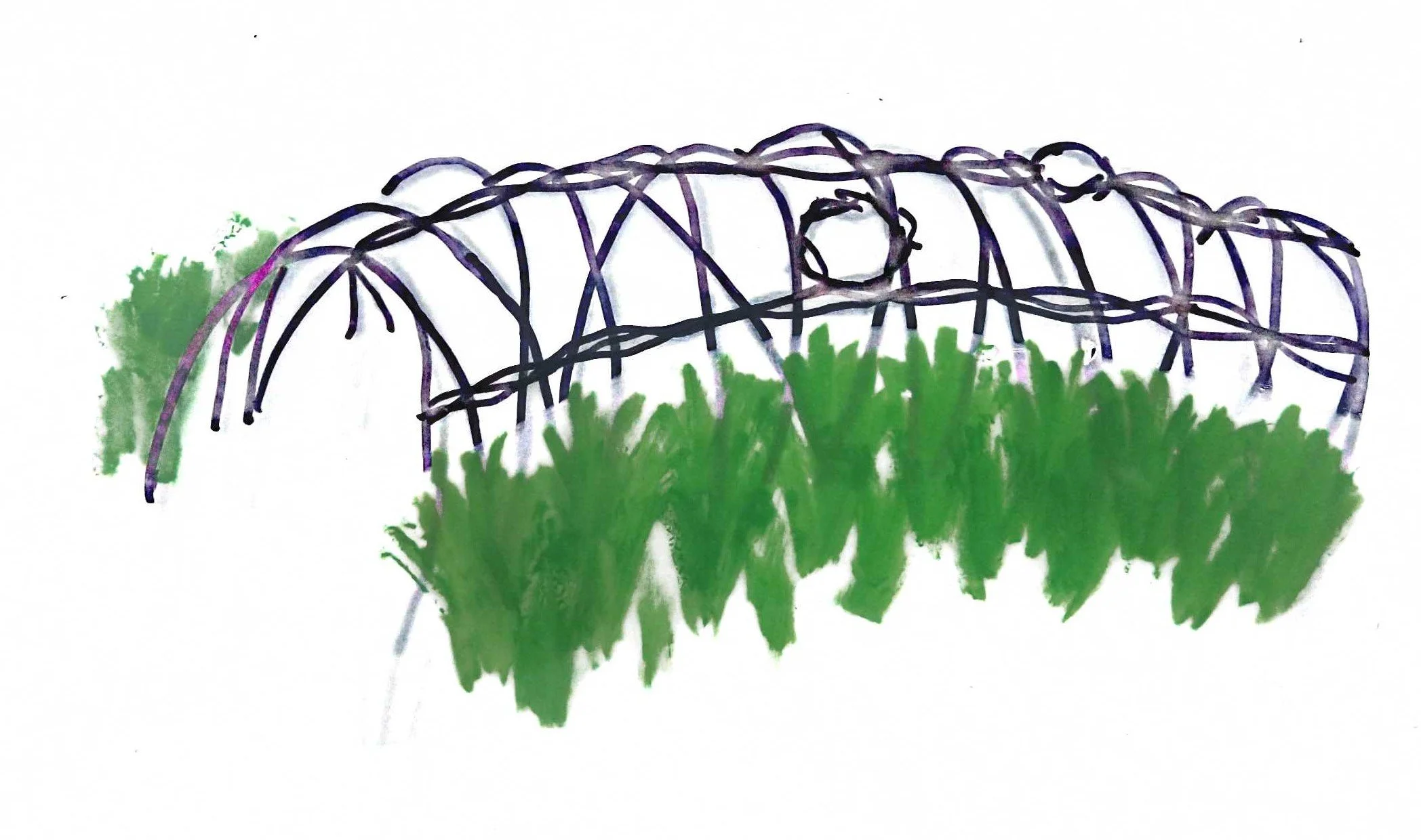 Sketch of a fibre sculpture art commission entitled 'The Bowery'. Intertwined sticks build a tunnel-like structure with greenery growing on the sides and portholes to look out off.
