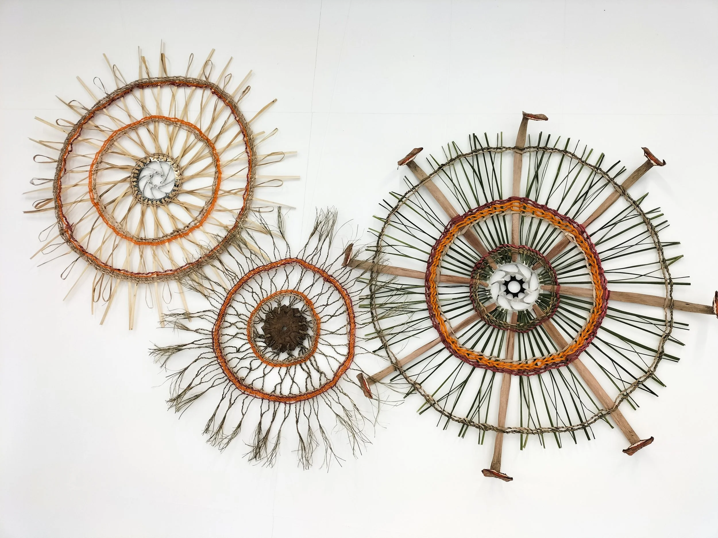 Collection of woven circular wall art pieces made from natural materials displayed on a white wall.