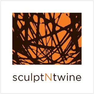 Logo of sculptNtwine brand,the shadow of a fibre stryucture on orange ground with the word sculptNtwine underneatrh. The N is capitalised and in orange.