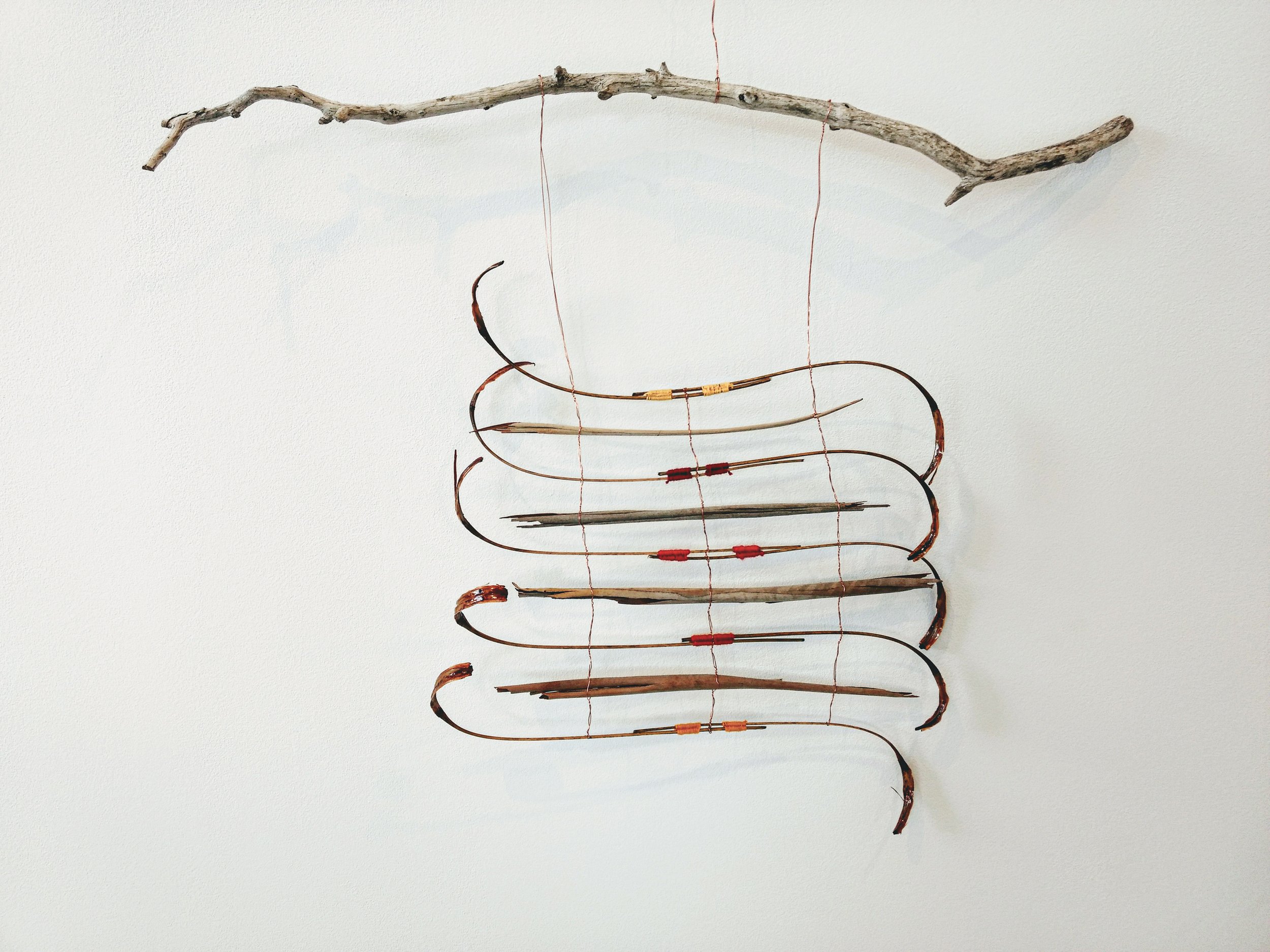 A wall hanging sculpture made of a twisted branch suspended by red strings and decorated with a circular arrangement of small, curved objects.