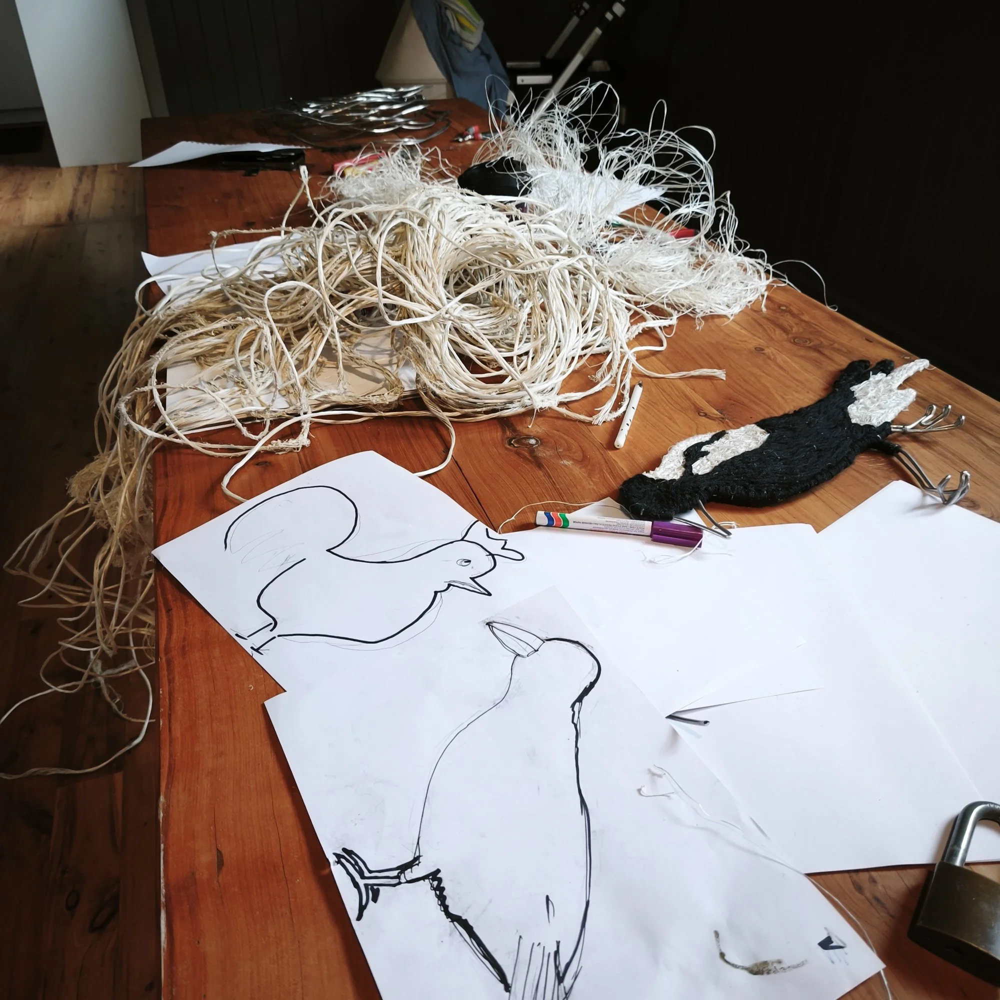 A desk with a large paper with a bird outline drawing, surrounded by tangled wires, markers, and some black and white objects, materials for flat fibre sculpture workshop.