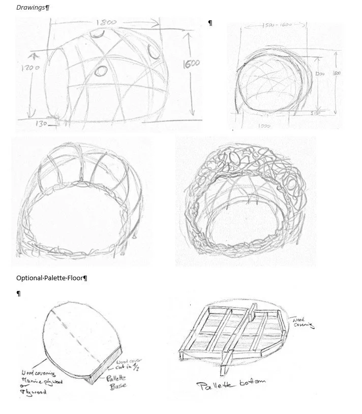 Sketches of artwork, including dimensions on frontal, side and circular top view. The foundations are sketched as disassembled palette or tray with labeled components like a base and bottom.