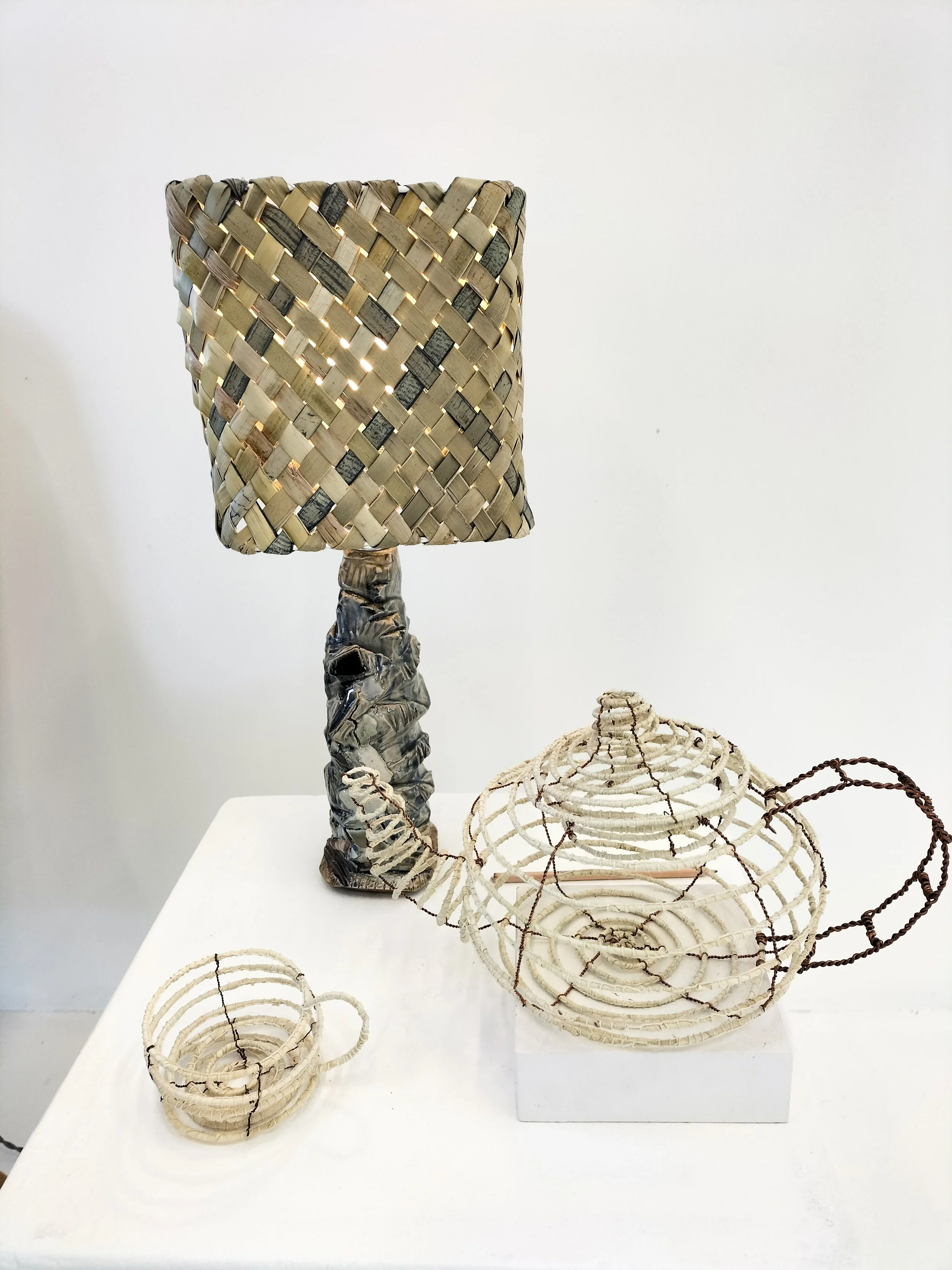 Artistic sculpture made of woven wood and metal wires, featuring a tall, basket-like structure on a pedestal and several coiled wire objects on a white surface.