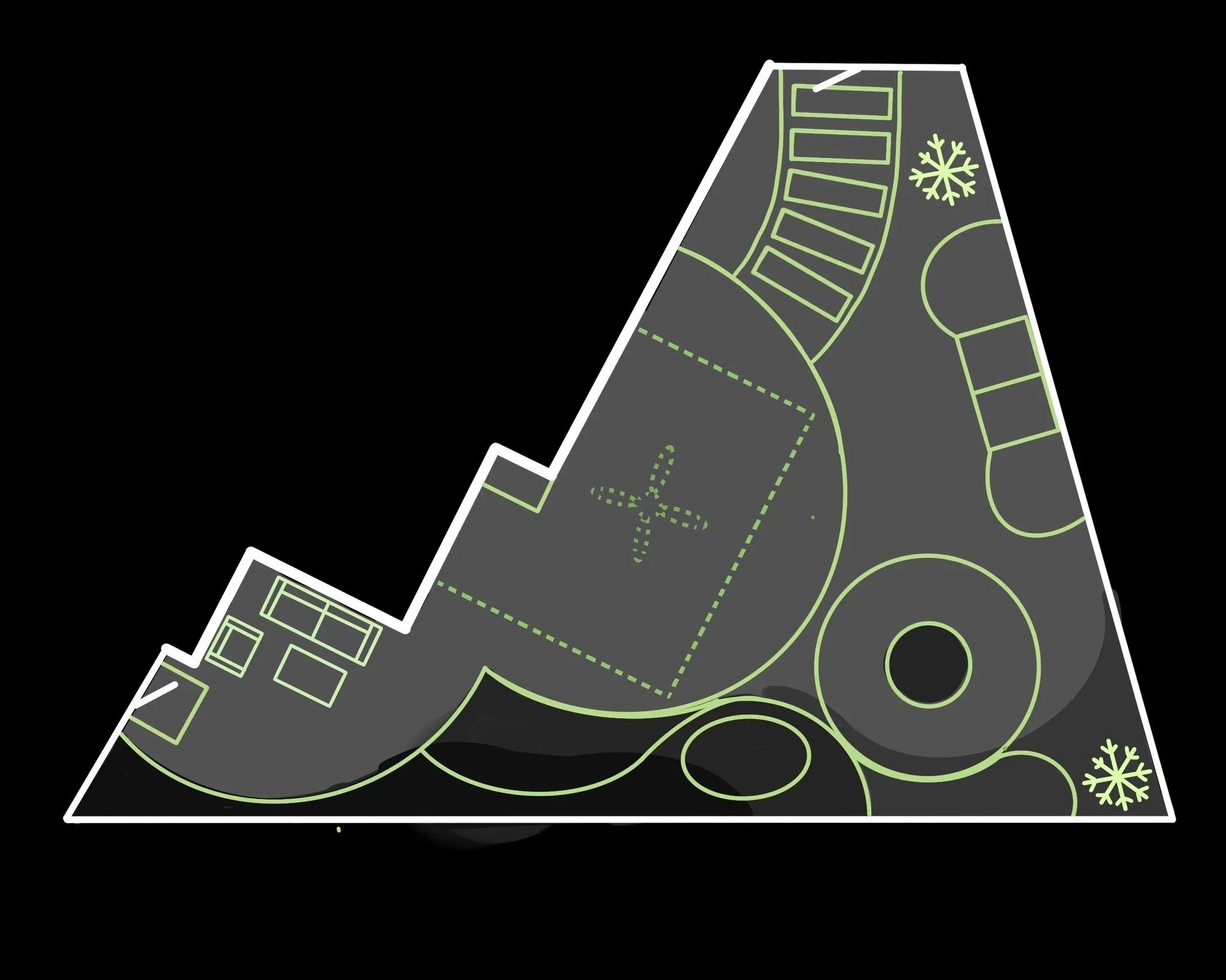 Outline of a black and grey house-shaped object with neon green line details, including a staircase, snowflake, circular, and square patterns, enclosed in a white border, on a black background.