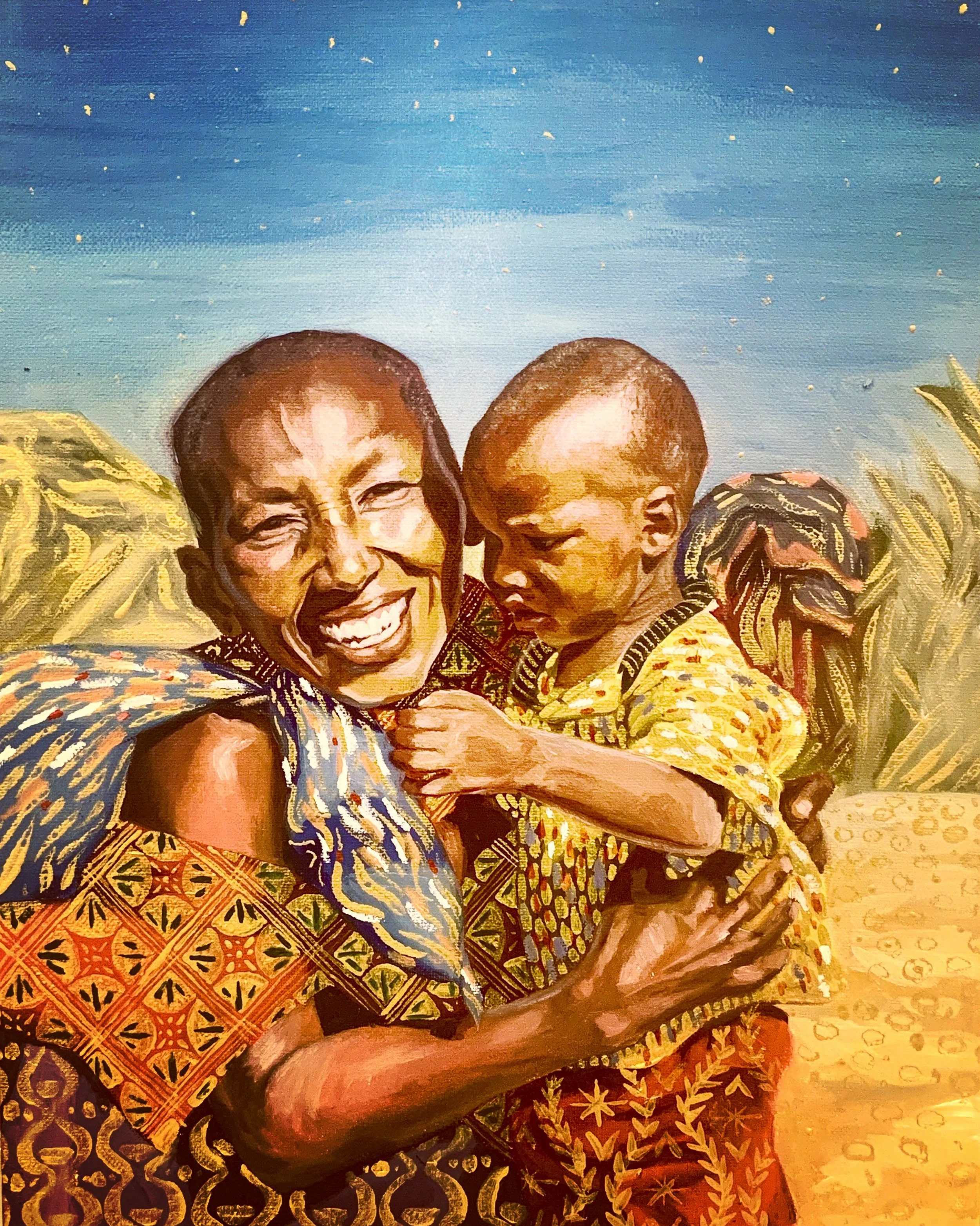 A vibrant painting of a joyful moment showing an elderly person and a young child, both smiling and embracing each other, with colorful patterned clothing and a bright background.