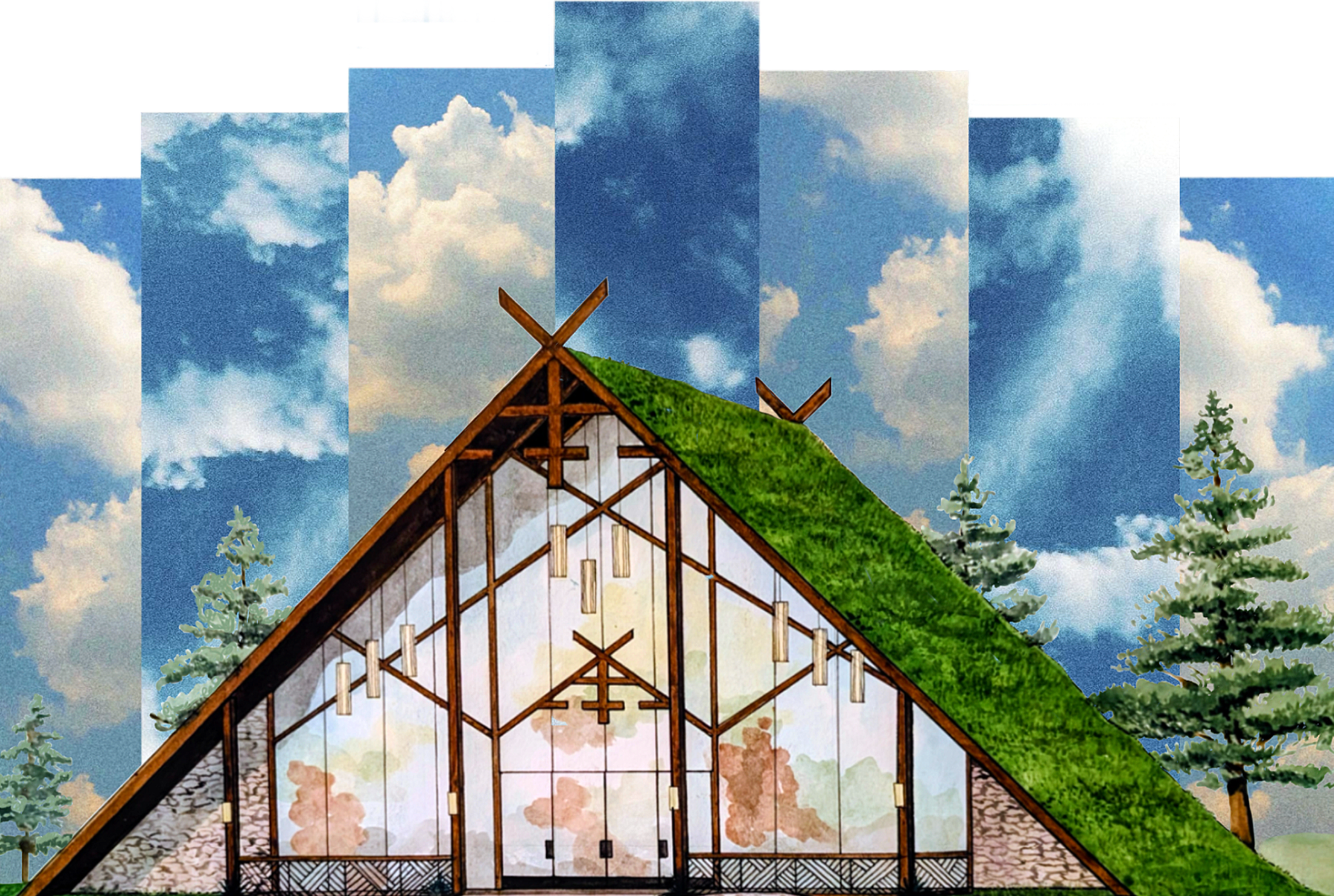Watercolor painting of a building with a green roof, wooden beams, large glass windows, surrounded by trees, under a partly cloudy sky.