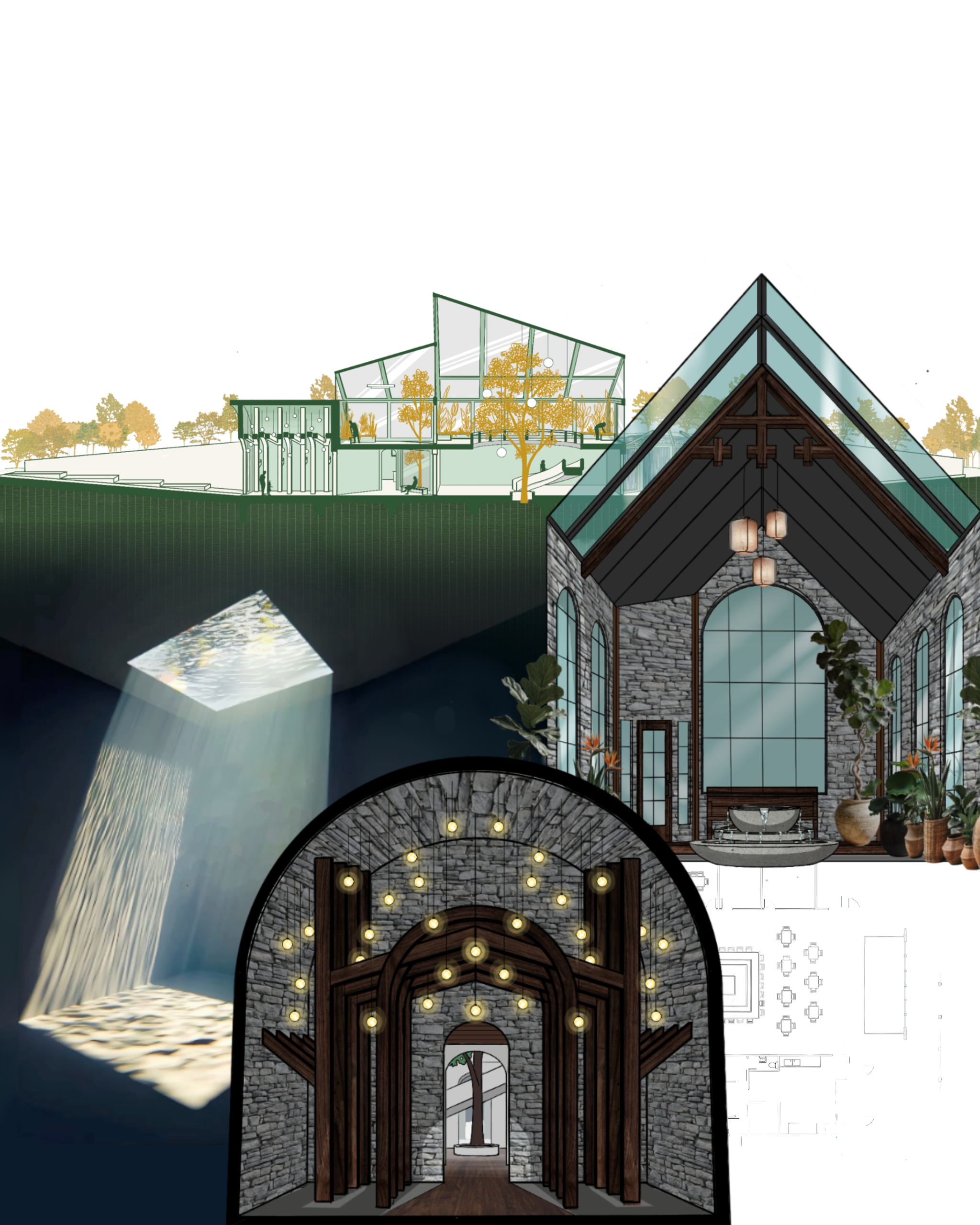 A large, elegant architectural design drawing of a building with a stone facade, arched entrance, and large glass windows with wooden framing. The interior features hanging lights and plants, and the building has a steep, triangular roof with different textures. There is a water feature or fountain to the left side.