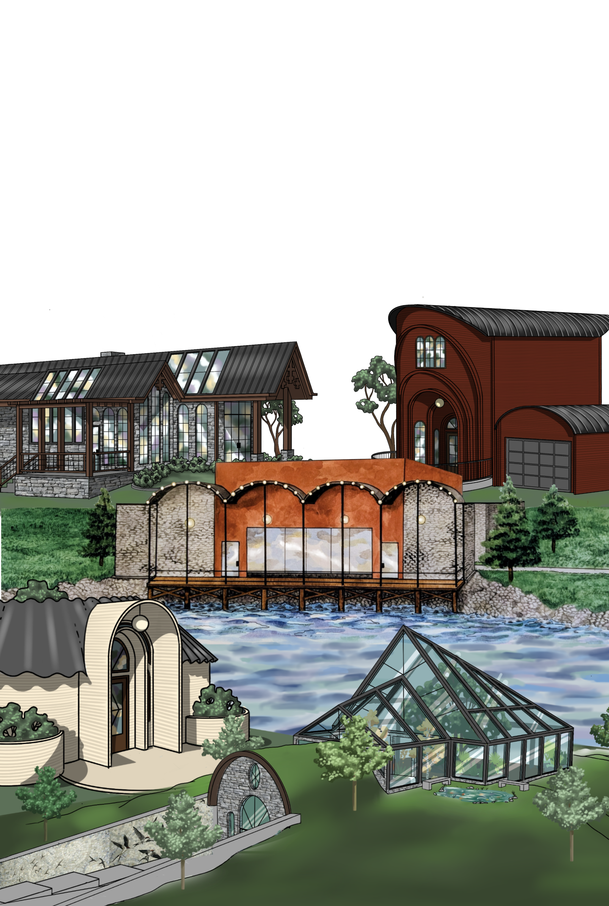 A detailed illustration of various modern buildings with unique architectural styles, including a glass greenhouse, a red barn-like structure, a stone building with tall windows, and a building with a curved roof, all situated by a body of water with trees and greenery around.
