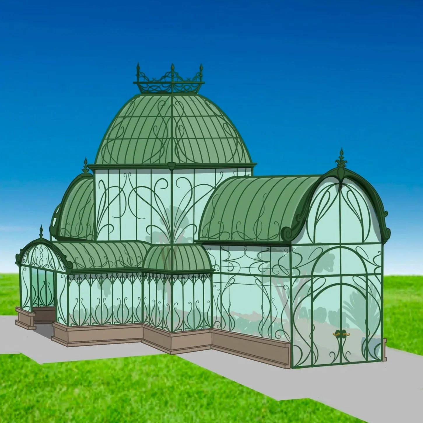 Illustration of a large ornate glass greenhouse with intricate metal framing, surrounded by a grassy area and a paved pathway, under a clear blue sky.