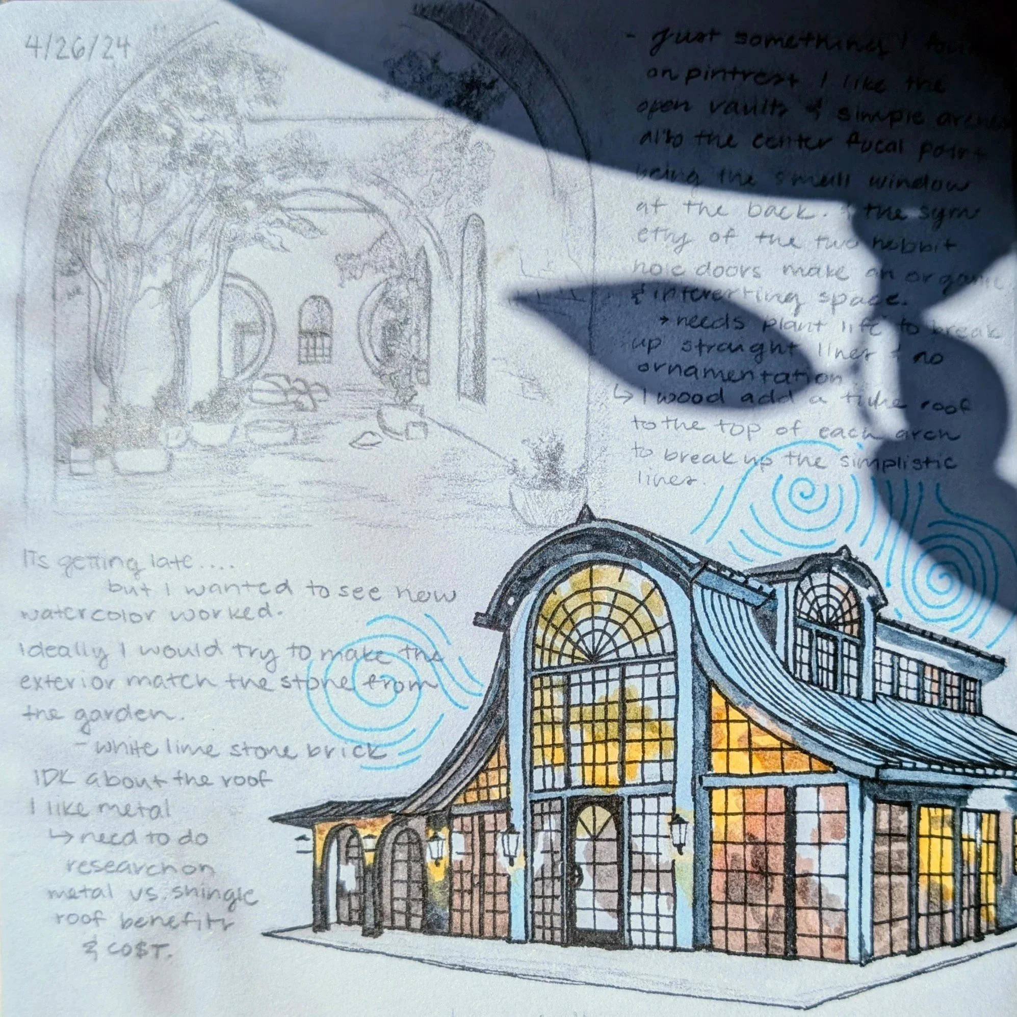 A handwritten note with a pencil sketch of a building with large arched windows, colored with watercolor in shades of blue, yellow, and orange. The note is dated 4/26/24 and contains partially visible text about architectural details.