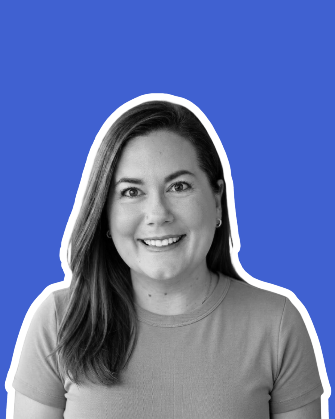 Black and white portrait of a woman with long hair smiling, with a blue background and white outline around her.