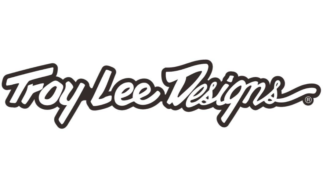Troy Lee Designs logo in black and white with stylized cursive font.