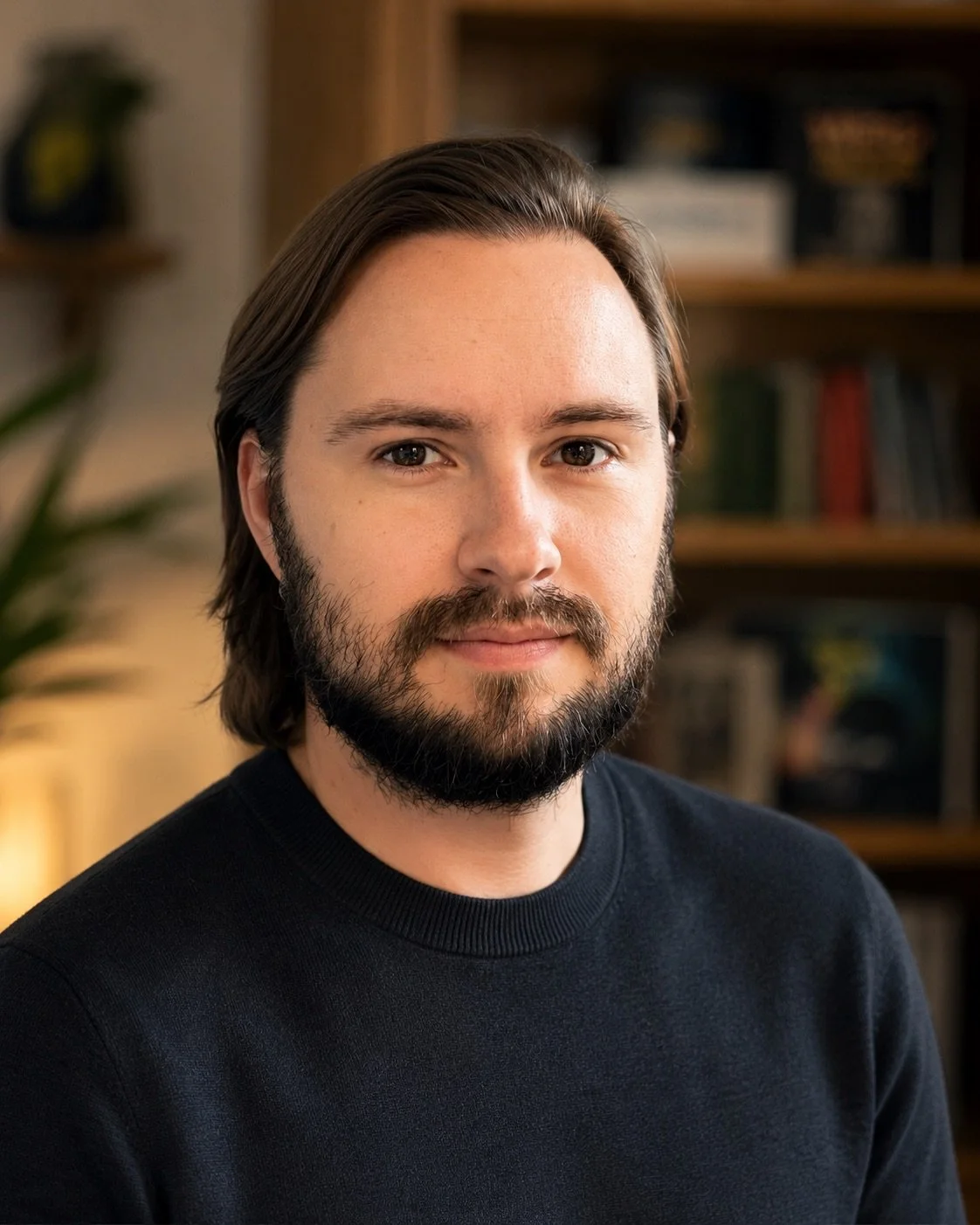A man with shoulder-length brown hair, a beard, and wearing a black shirt, looking directly at the camera, background of a blurred bookshelf and a plant.