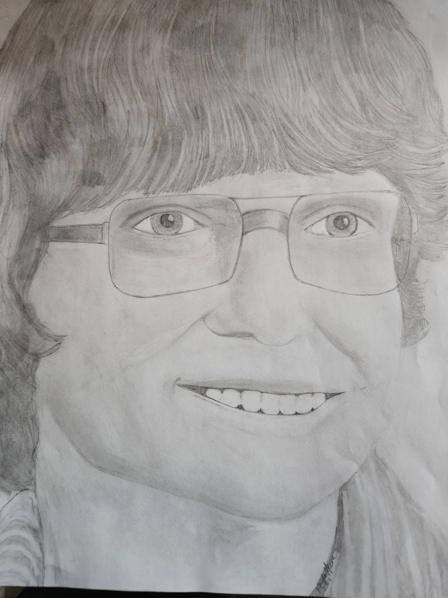 A pencil sketch of a person with glasses smiling, with detailed hair and facial features.