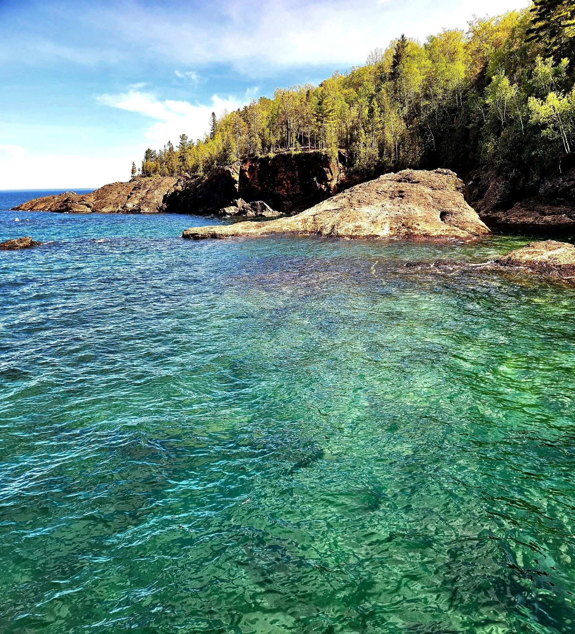 A rocky shoreline of black rocks