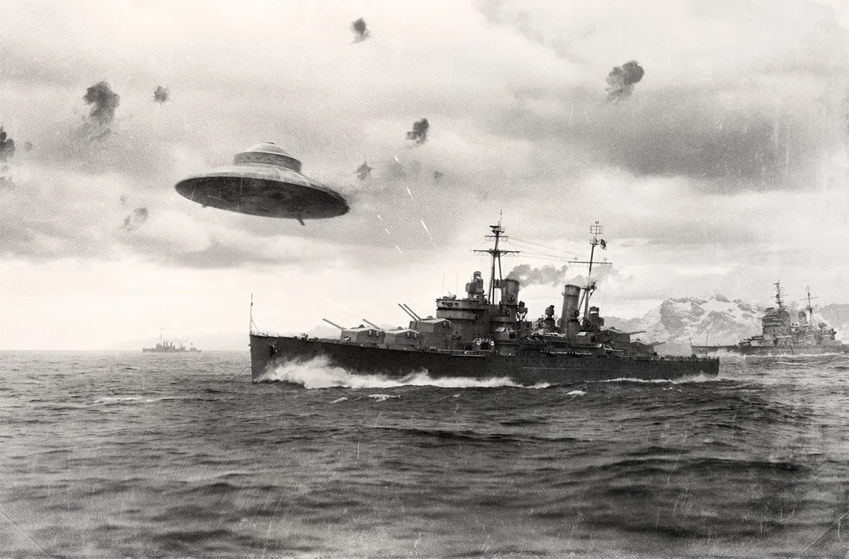 Black and white WWII scene with a battleship firing guns, flying saucer and multiple unidentified flying objects in the sky, with smoke and clouds in the background.