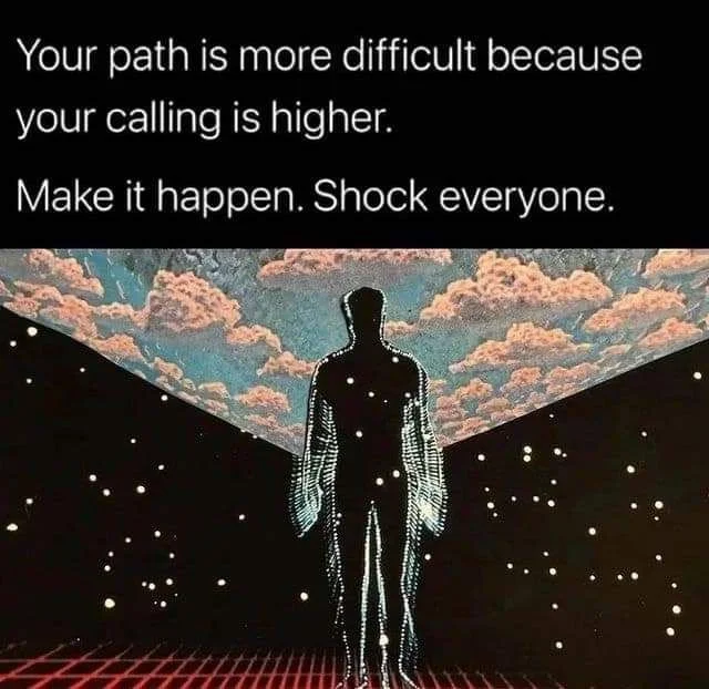 Motivational quote encouraging pursuing a higher calling, with a digital illustration of a human figure against a cosmic background with clouds and star-like points.