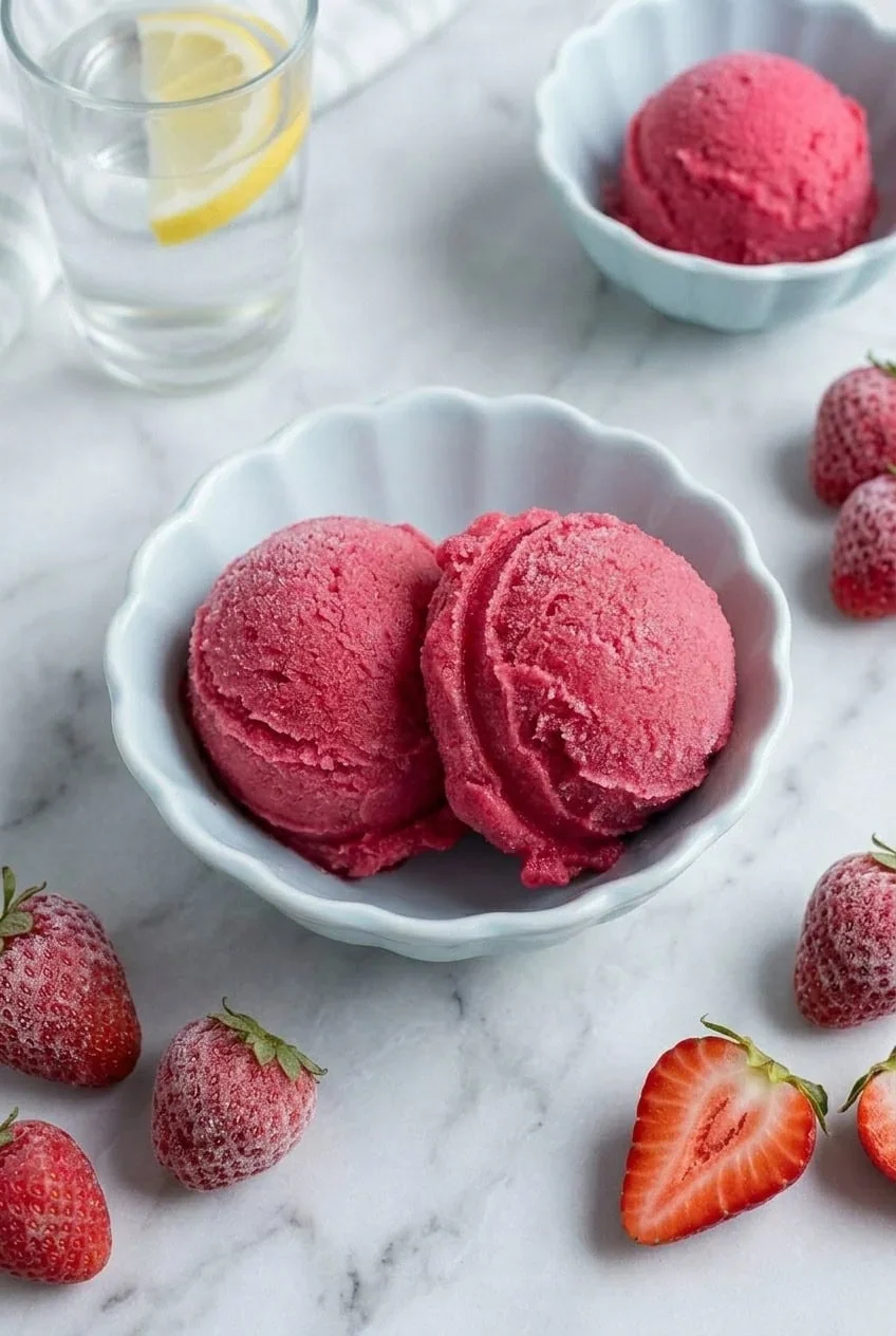 Two scoops of pink strawberry ice cream in a white bowl on a marble surface, surrounded by fresh strawberries, with a glass of water with lemon slices in the background.