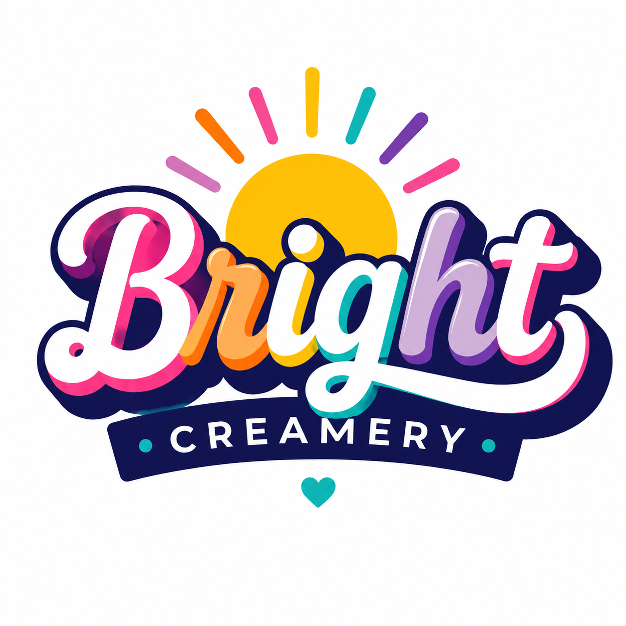 Colorful logo for Bright Creamery featuring the word 'Bright' with rainbow colors, a yellow sun rising behind it, and a small teal heart below.