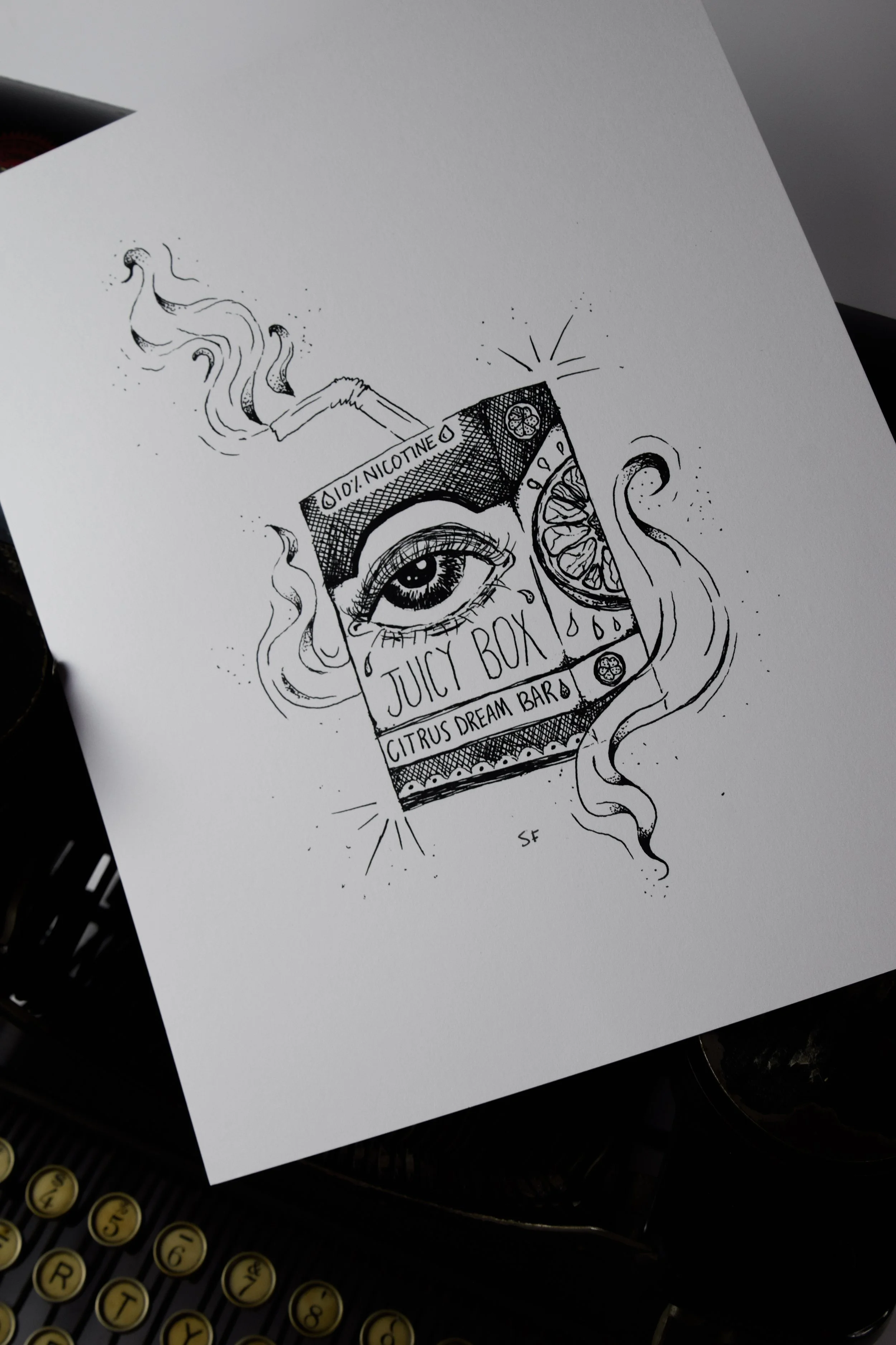 "Juicy Box" by Lucid Linez, 2025, ink on paper.
