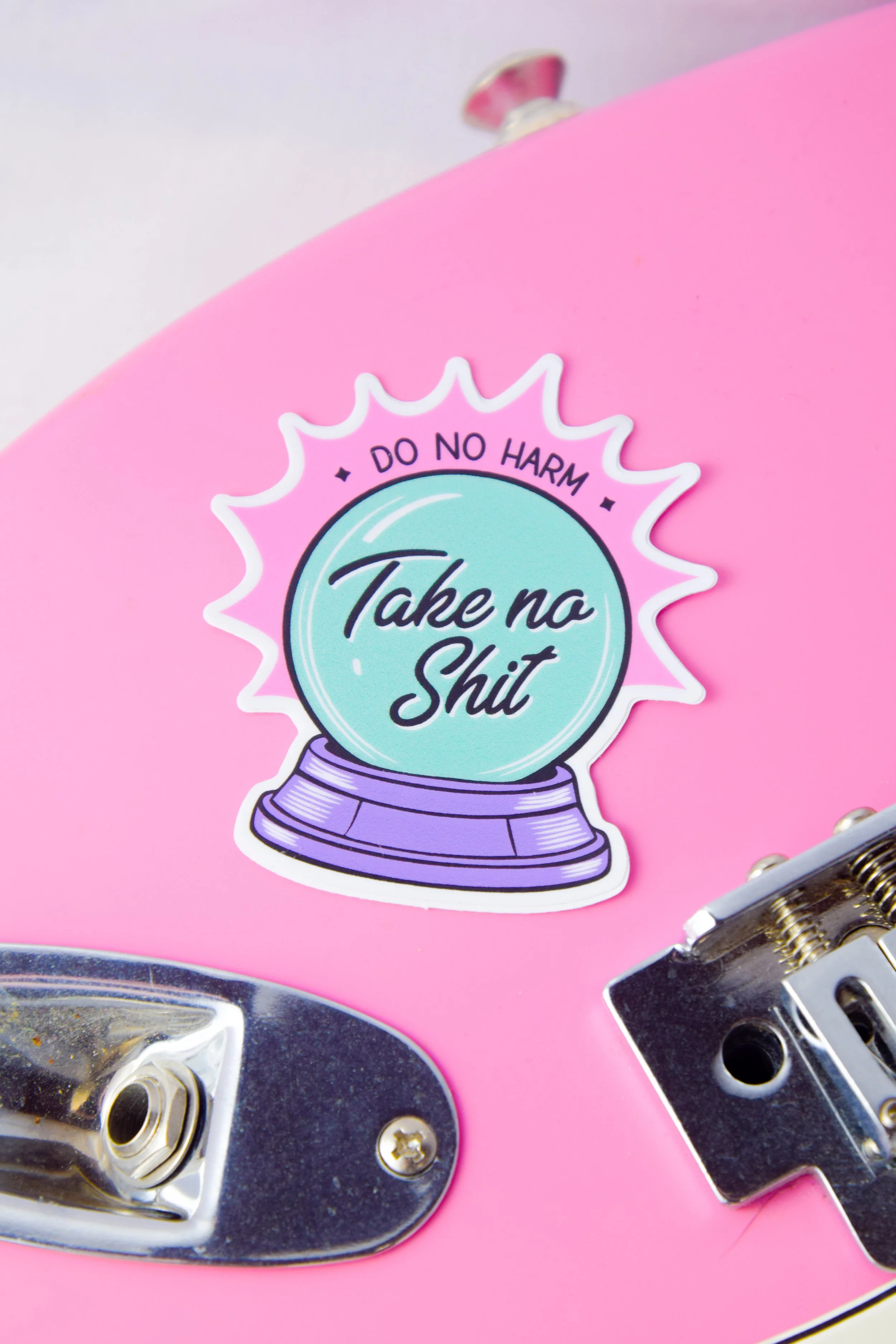 Do No Harm but Take No Shit Crystal Ball Sticker by So Camp! on Guitar.jpg