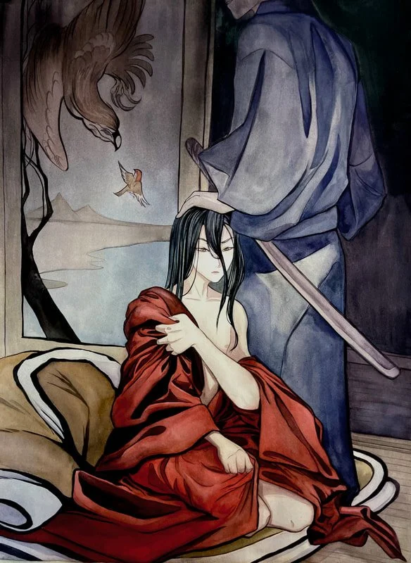 "Ganymede and Zeus" by A. Mei-Li Blevins, 30" x 22", Watercolor, 2024