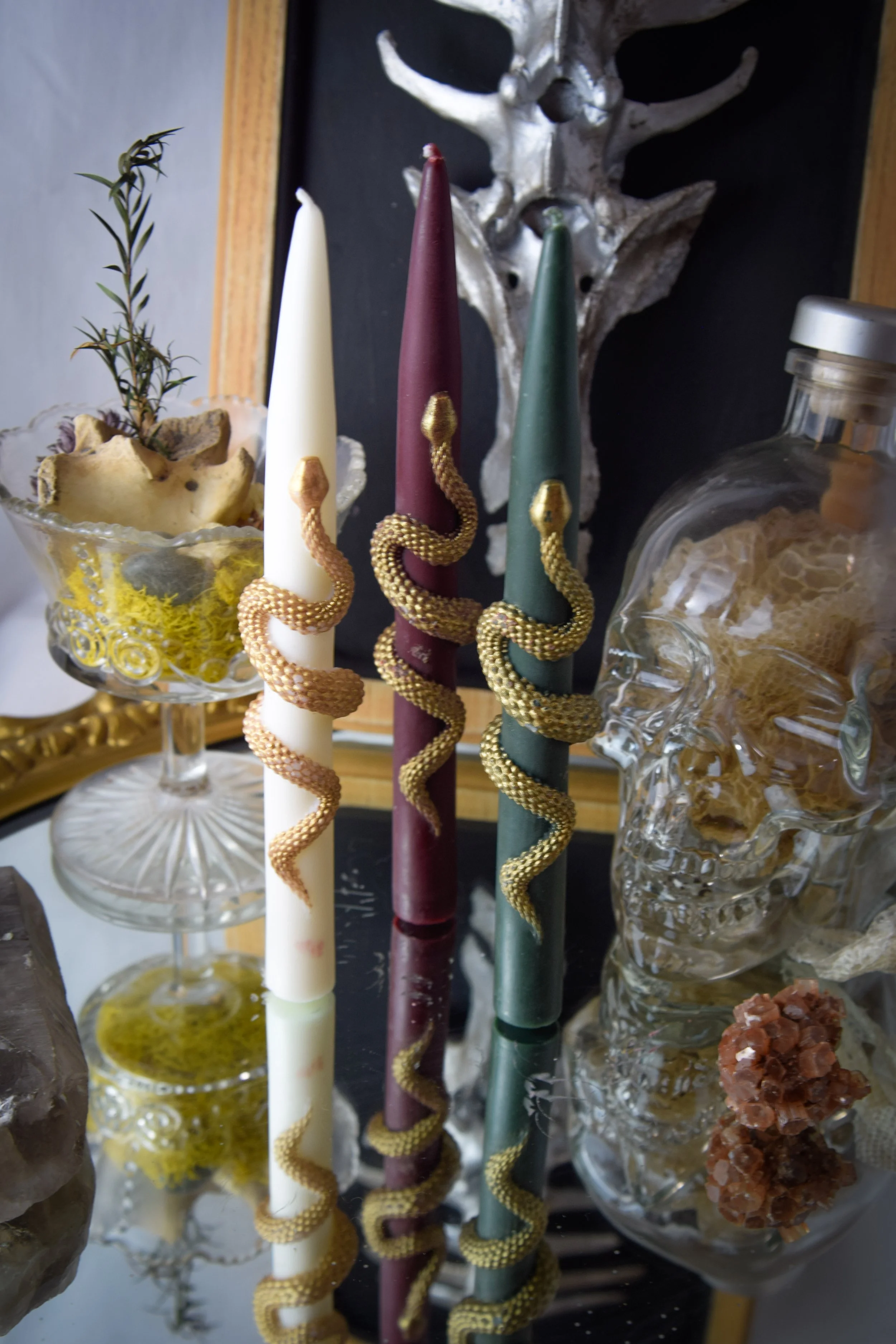Snake Taper Candles in Green, White, and Burgundy by VRcandle