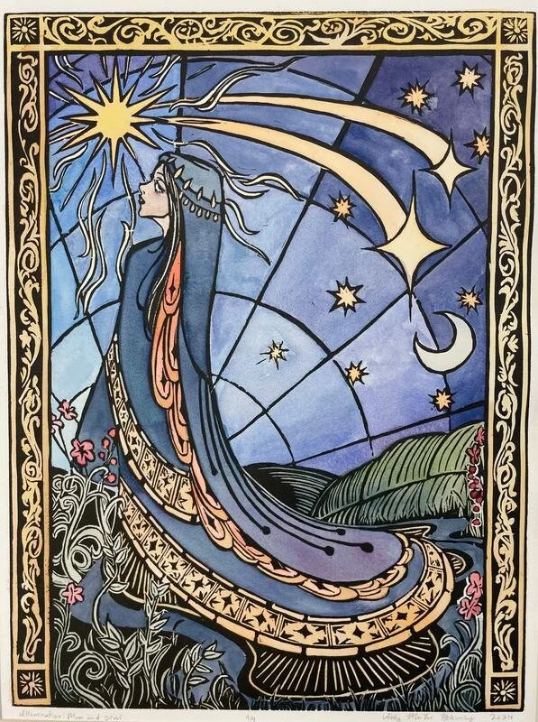 "Illumination: Moon and Star" by A. Mei-Li Blevins, 12" x 16", relief print and watercolor on cotton rag, 2024 