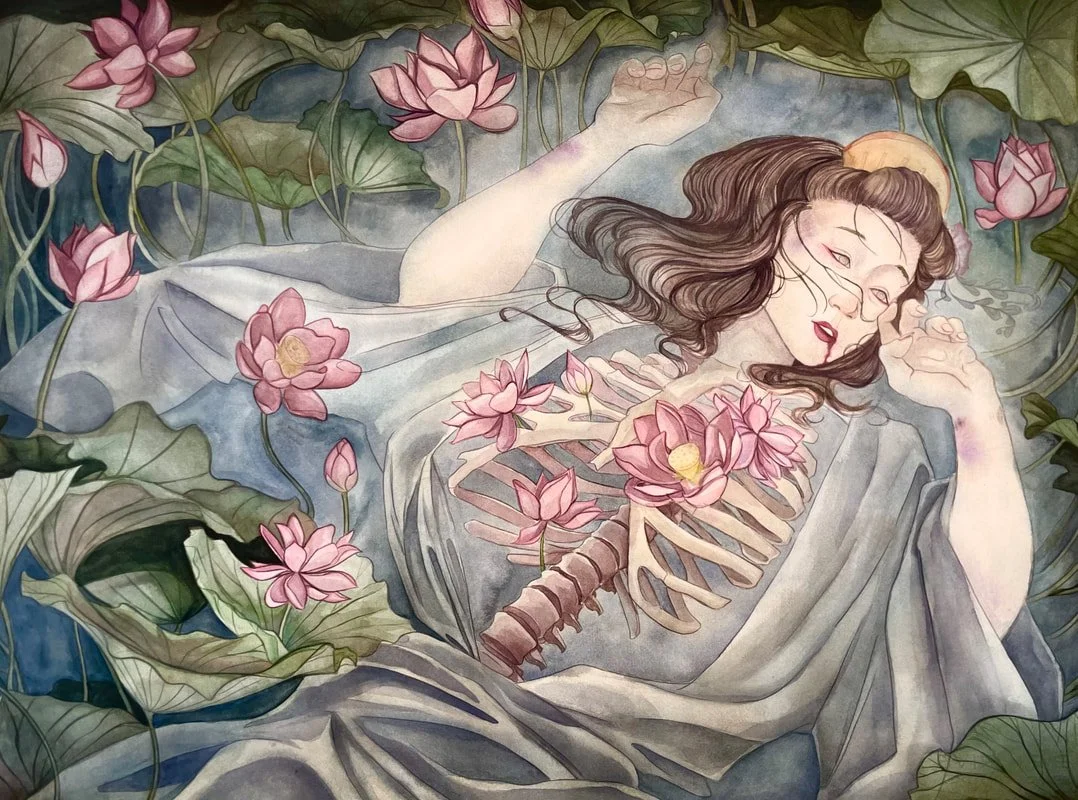 "Lotus Blossom in the Pond" by A. Mei-Li Blevins, 22" x 30", Watercolor, 2024