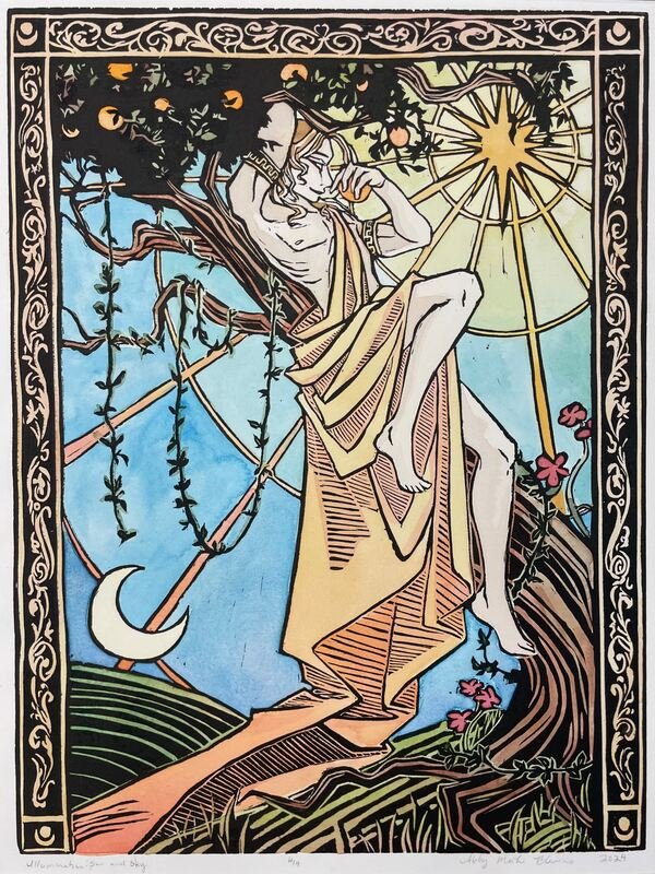 "Illumination: Sun and Sky" by A. Mei-Li Blevins, 12" x 16", relief print and watercolor on cotton rag, 2024