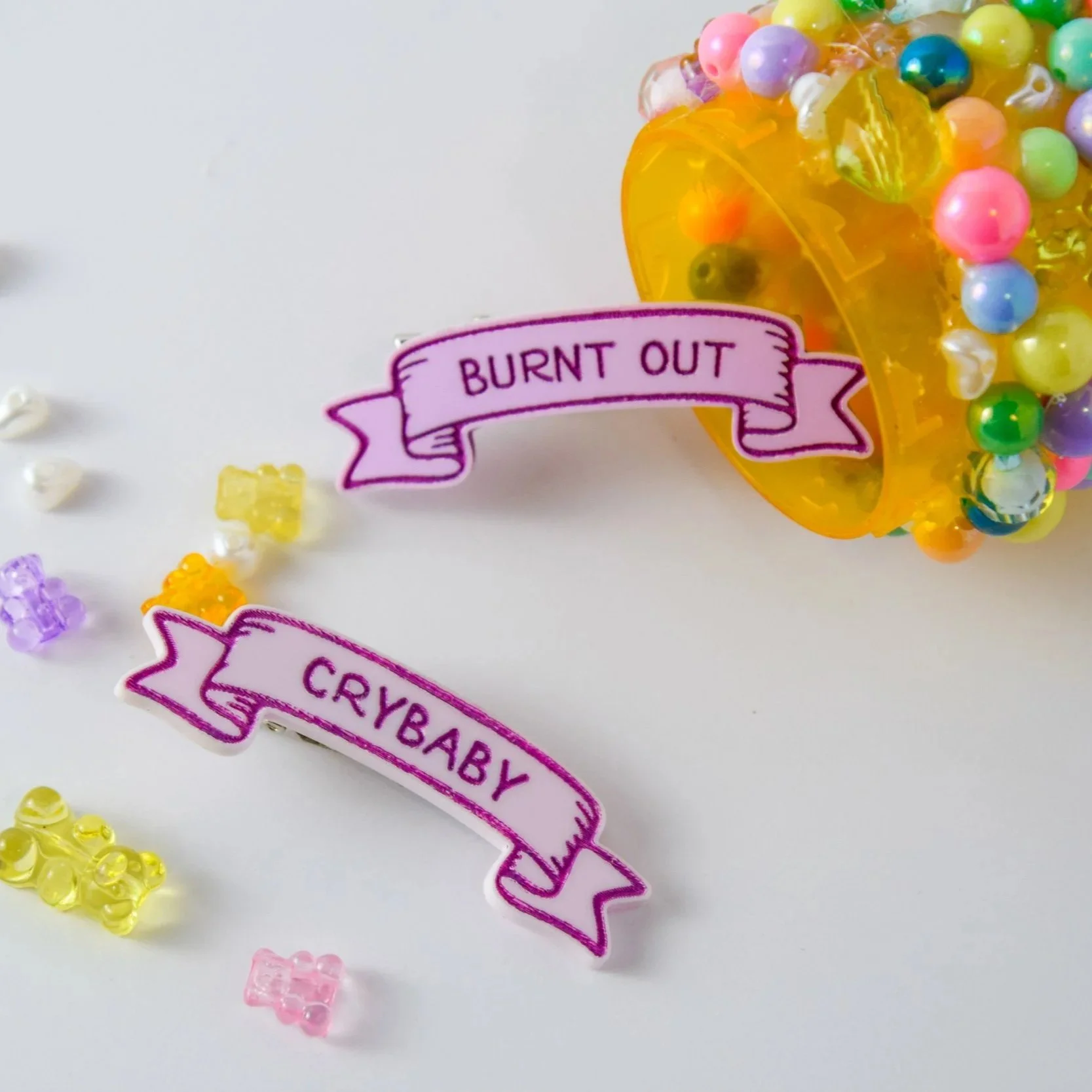 Burnt Out and Crybaby Banner Hair Clips