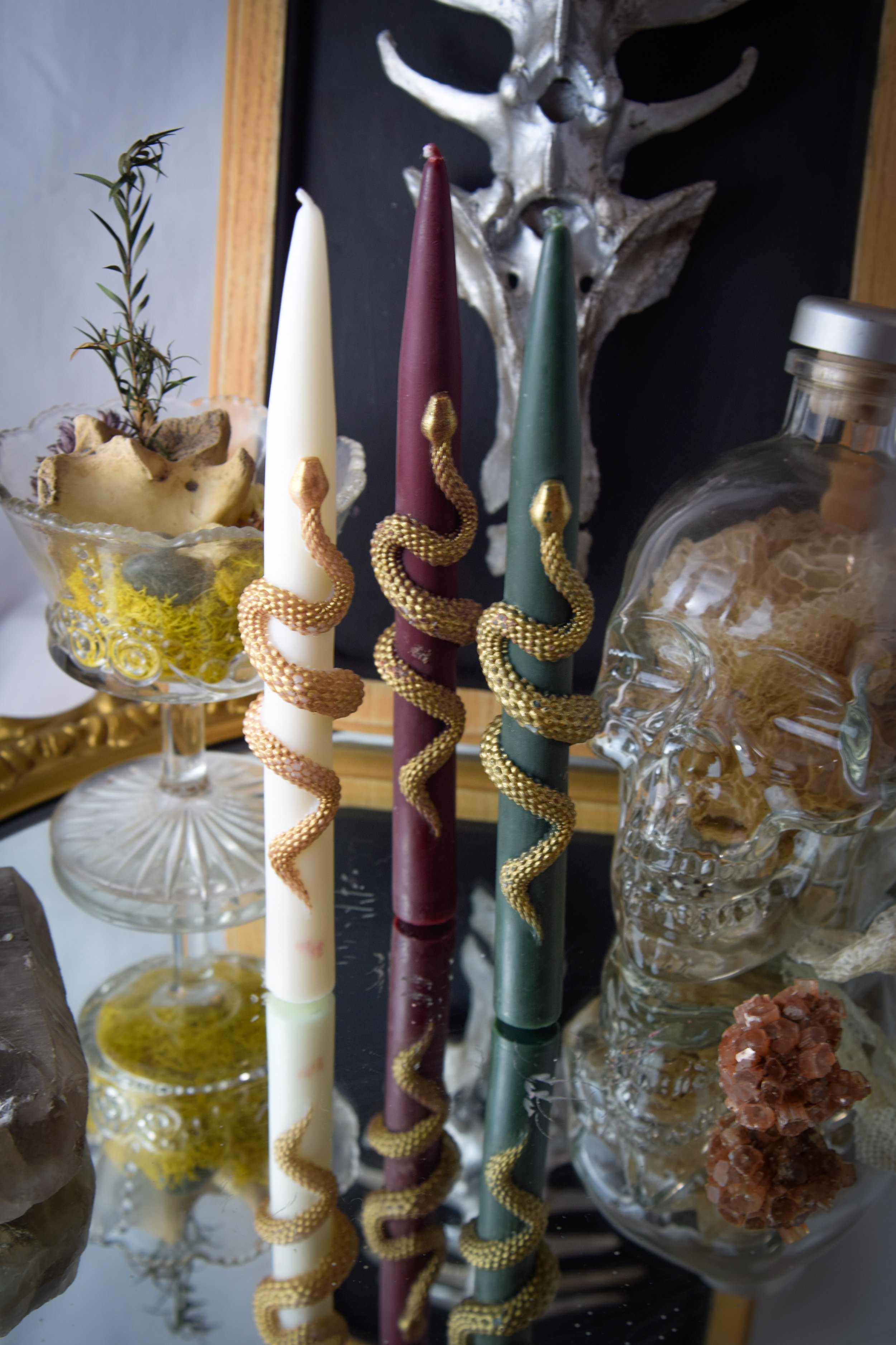 Snake Taper Candles in Green, White, and Burgundy by VRcandle