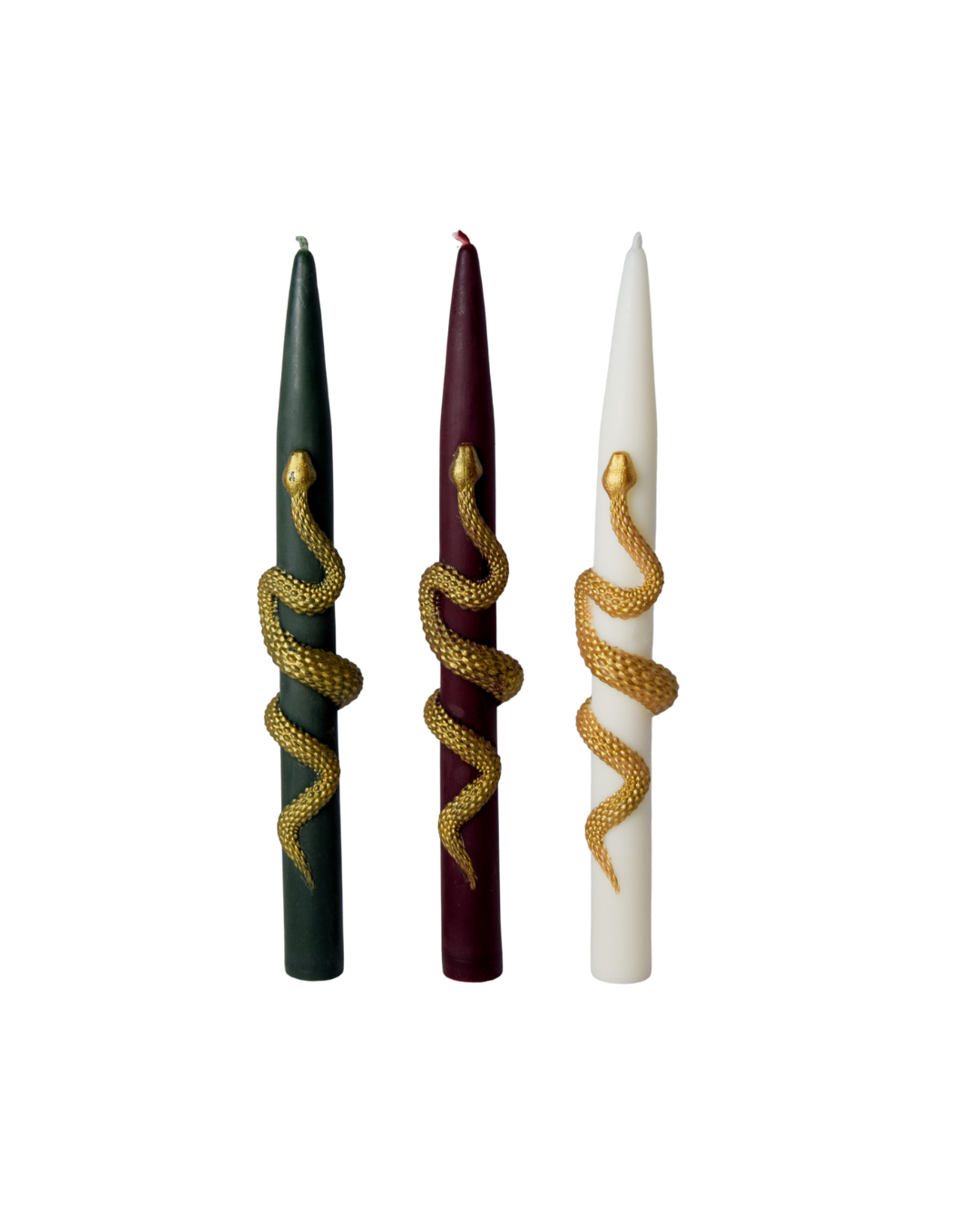 Snake Taper Candles in Green, White, and Burgundy by VRcandle