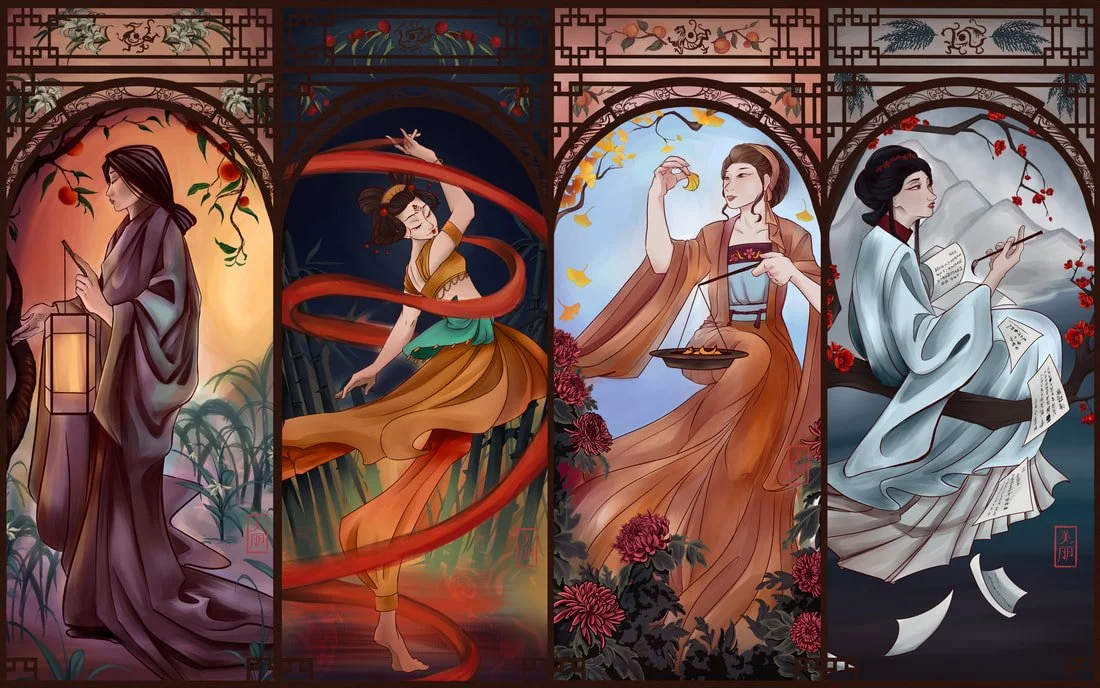 "Four Seasons: Birth, Old Age, Sickness, Death" by A. Mei-Li Blevins, [left to right], 27" x 44", digital illustration, 2024 