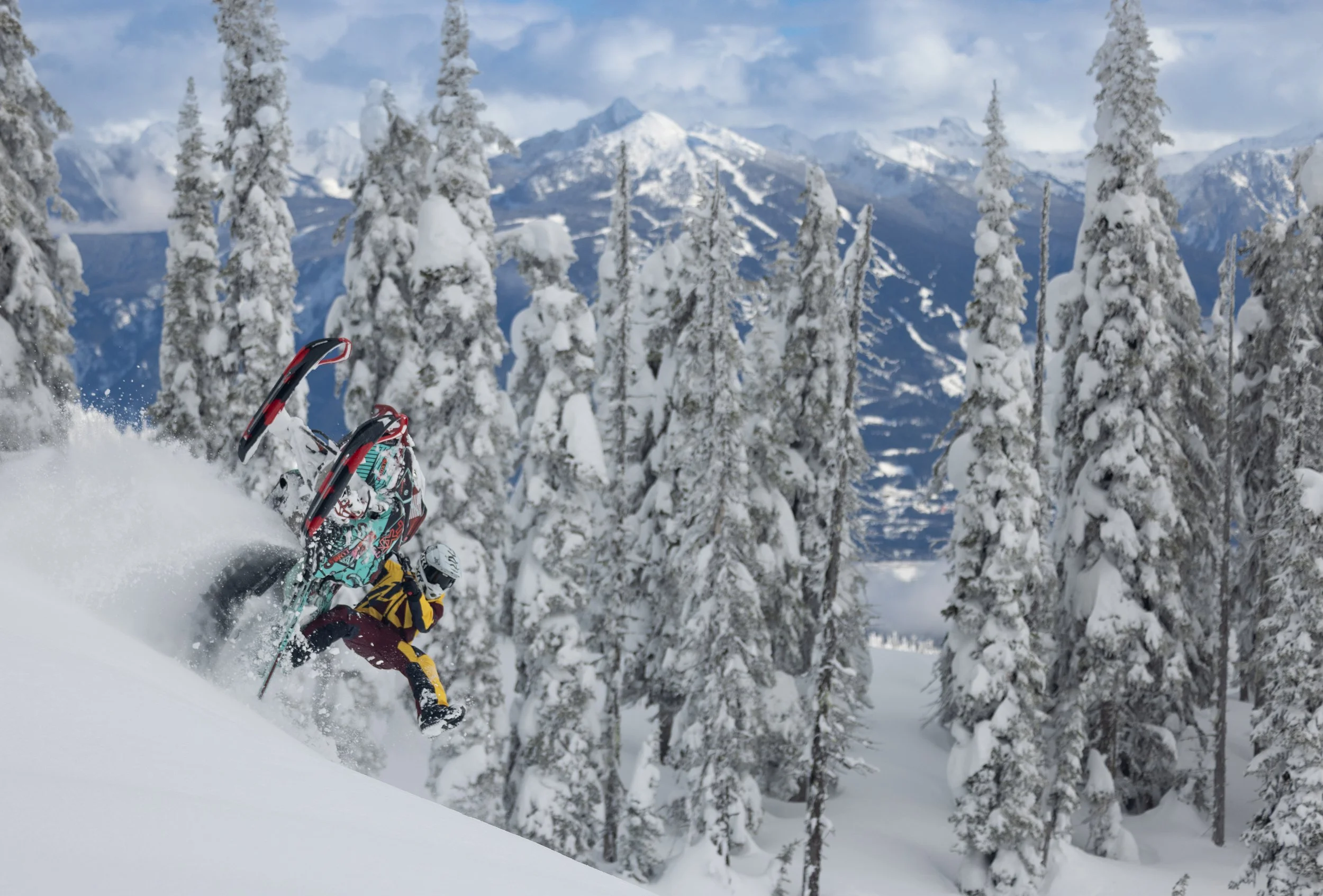A person snowmobiling on a powdery mountain slope surrounded by snow-covered trees with a mountain range in the background.