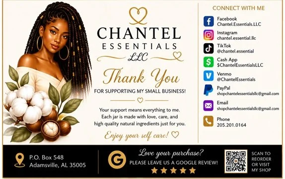 Business card for Chantel Essentials LLC featuring a woman with long braids holding a cotton plant, with contact information and social media icons.