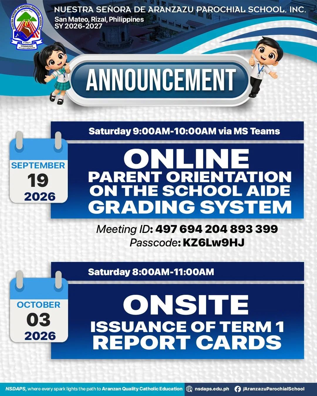 Announcement: Online Parent Orientation on the School Aide Grading System &amp; Onsite Issuance of Term 1 Report Cards