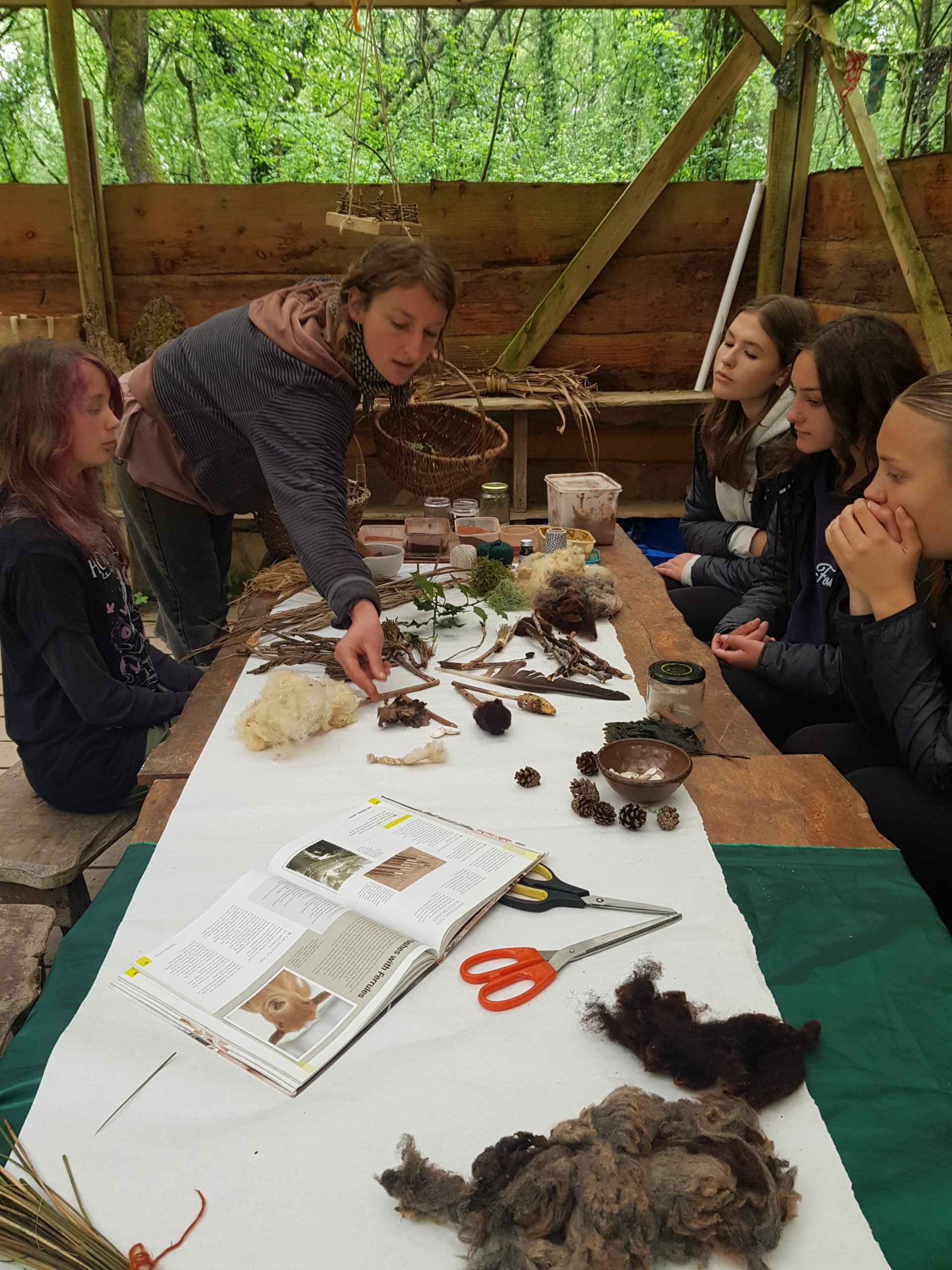 A group of young women and session leader sitting around a long table in a rustic outdoor setting, engaged in a craft activity involving natural fibers, yarn, and plants, with various tools, books, and materials spread out on the table.