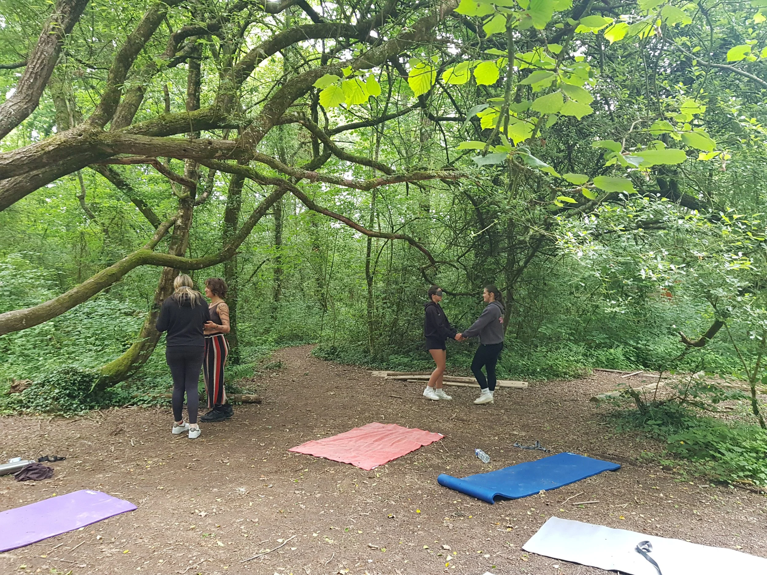 Four women are standing in a circle and holding hands in a forested area with lush green trees overhead. Yoga mats and blankets are on the ground nearby.
